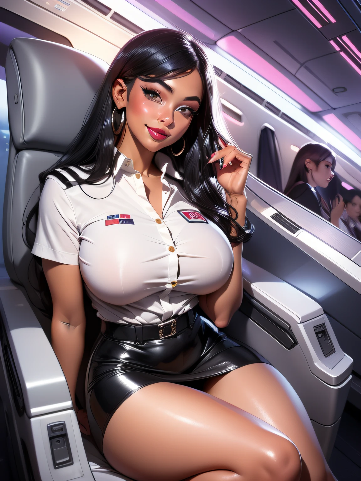 (sexy girl 25 years old),stunning girl, flight attendant,beautifull face,red lips,tight skirt,(white aviator shirt), bare legs,big thighs,big tits, black hair, dark eyes, looking at viewer, bright skin, (shiny skin:1.2), upper body,smiling subtly,atractive atitude,beautiful,natural (on a business class plane), ,short black skirt,(ultrarealistic),high quality,4k(masterpiece), (best quality)