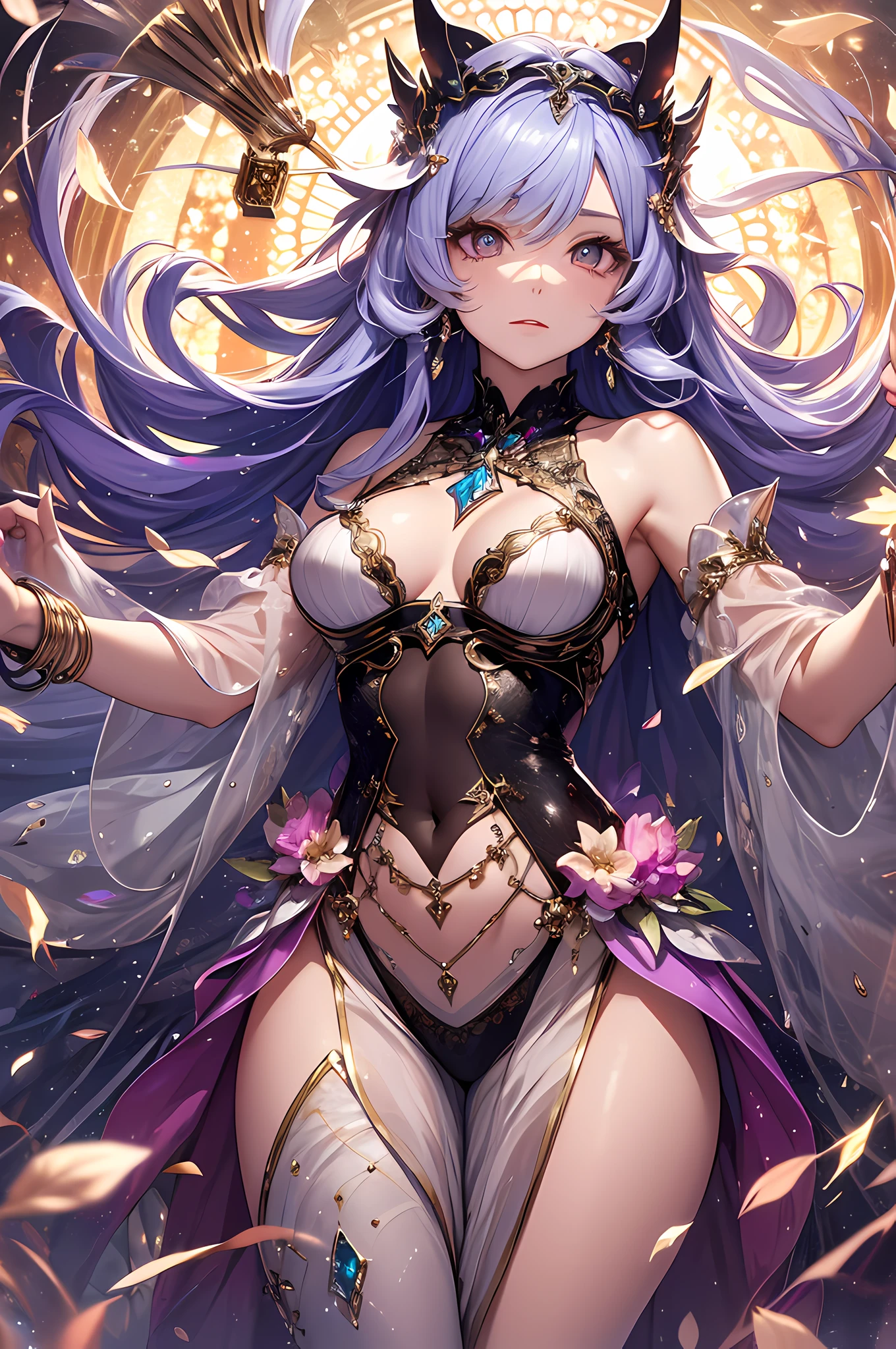 Lumina has an ethereal and graceful appearance. She has long, flowing hair that shimmers like liquid sunlight, and her skin has a soft, luminescent glow. Her eyes are pools of radiant light, with no discernible pupils or irises, She wears a flowing, robe-like garment made of translucent fabric that seems to reflect and refract light in mesmerizing ways. The robe is adorned with intricate, glowing patterns that move and shift as if alive, Lumina carries a staff that is topped with a glowing crystal orb. The orb emits a gentle, pulsating light that matches her movements and emotions. Around her wrists and ankles, she wears delicate, jeweled cuffs that emit soft, rhythmic chimes as she moves.