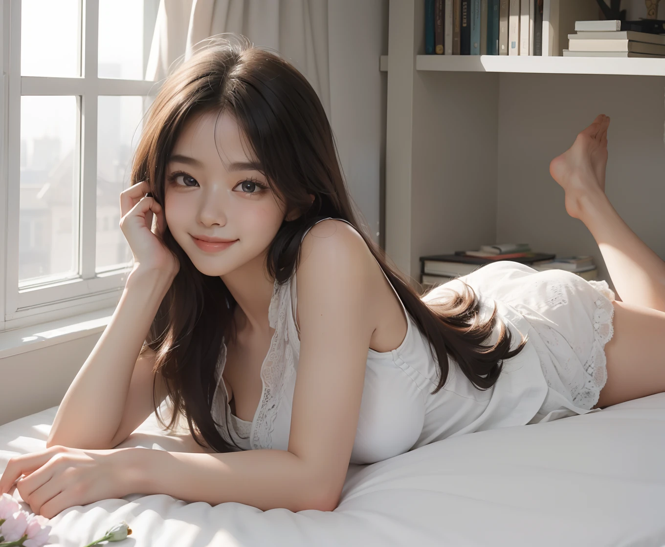 (Masterpiece, Best quality:1.2), Upper body, Solo, 1girll, flower \(v3\), Smile, view the viewer, Lying, on stomach, Long hair, Sleeveless shirt, Bedroom, plushies, bookshelf, window, spark of light, Axis