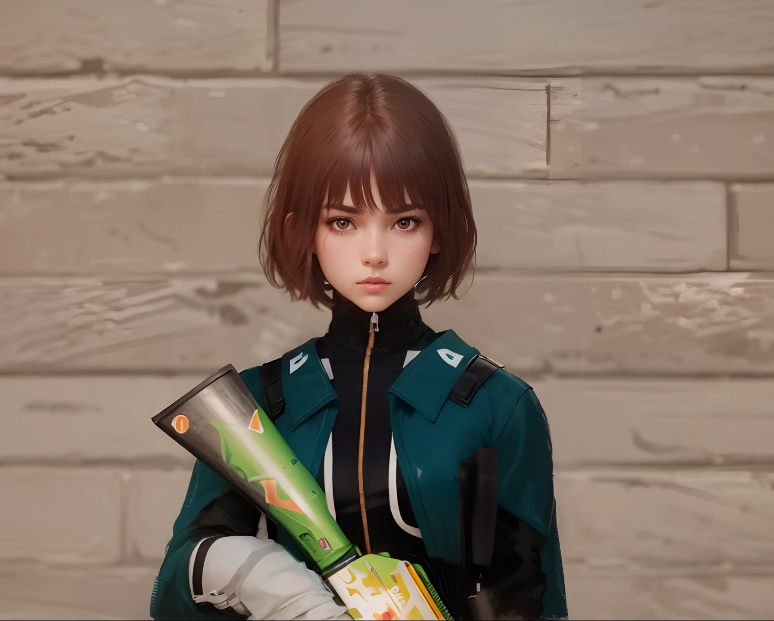 Beauty model, Short hair, Lightbrown hair, Black eyes, Small lips, A, teal shirt, hold a weapon, at front of wall, ( realistic ), ultra detailed, 4K