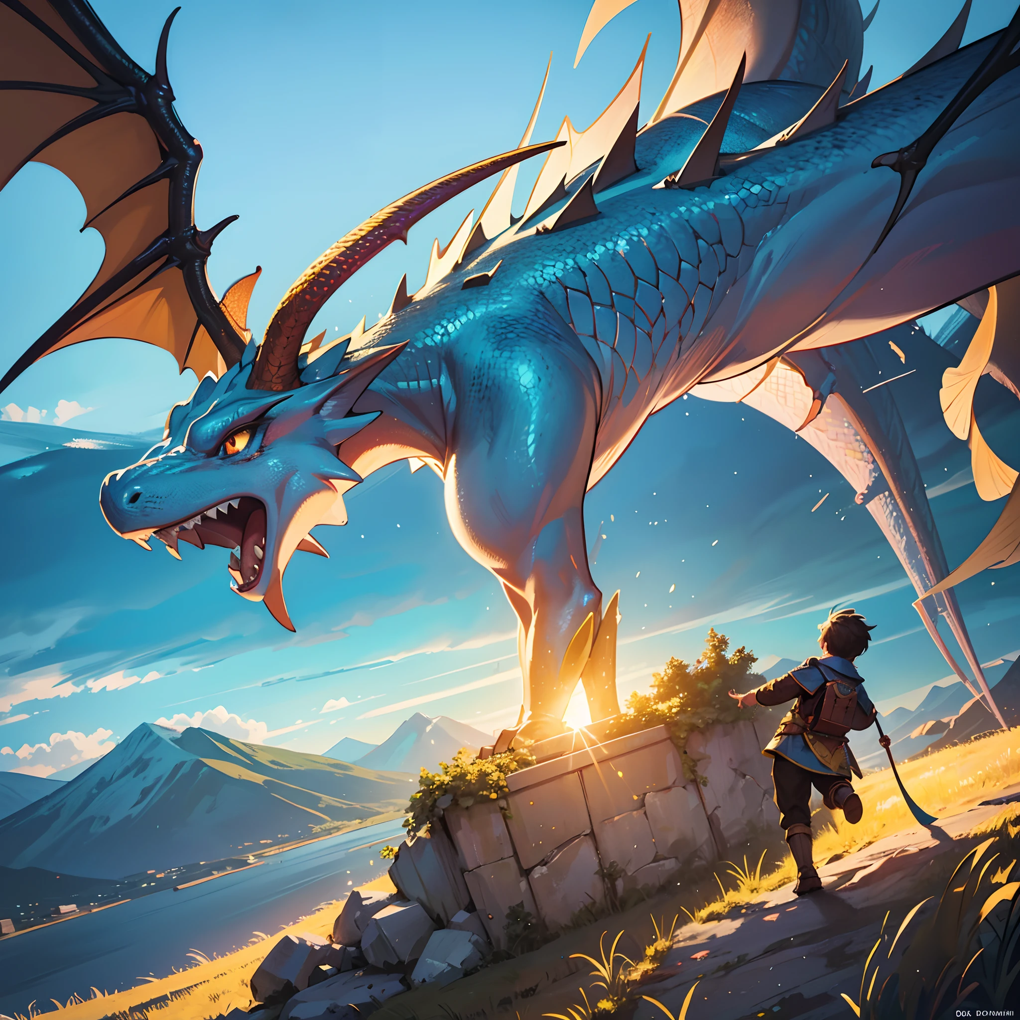 A boy training a dragon from a fantasy world,with a vivid and realistic oil painting style,flying on a clear blue sky,revealing its sharp and beautiful dragon scales,creating realistic and detailed flames,with a sense of motion and speed,showing intimate interaction and trust between the boy and the dragon,creating a breathtaking and magnificent landscape with mountains and waterfalls in the background, illuminated by soft golden sunlight, and presenting a magical and dreamy atmosphere.
(best quality,4k,8k,highres,masterpiece:1.2),ultra-detailed,(realistic,photorealistic,photo-realistic:1.37),HDR,UHD,studio lighting,ultra-fine painting,sharp focus,physically-based rendering,extreme detail description,professional,vivid colors,bokeh,portraits,fantasy,adventure,dragon training,fantasy world,motion,trust,intimate interaction,clear blue sky,dragon scales,flames,speed,mountains,waterfalls,golden sunlight,magical atmosphere,dreamy