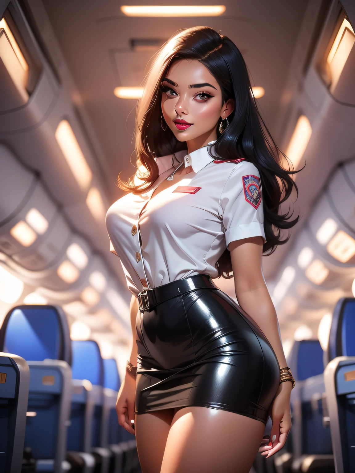 young woman cyborg flight attendant distributes food on board an airplane, walks between the rows with a cart and smiles at passengers, black hair, futuristic flight attendant, (topless:1.3), (small breasts:1.4), (mini skirt:1.4)