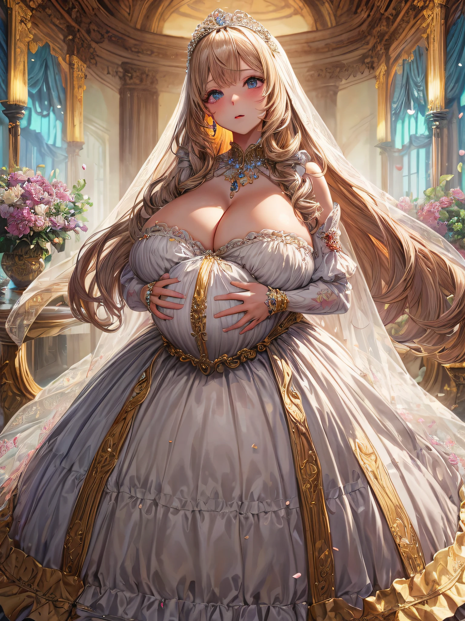 (masterpiece, best quality,extremely detailed:1.1),(moe anime art style:1.2),1girl,((full body,focus face)),((solo)), cute, kawaii,digital art,((1 bling-bling pregnant princess wearing beautiful embroidery and jeweled gorgeous rococo ballgown with jeweled voluminous full length hoop skirt)),(((heavily pregnant))),very big pregnant belly,((crinoline)),long train,voluminous frills,See-through,(gorgeous embroidery and beautiful lace),((very gigantic boobs,skindentation)),cleavage,shiny hair,(((very long hair,very long straight hair))),((embarrassed)),anguish,((finely detailed face and eyes)),clear pupil,extremely gorgeousfull hair ornament,(bling-bling jeweled extremely gorgeousfull tiara),(bling-bling gorgeous gemstone jewelry),long veil,(beautiful background),fantasy background,flowers,flower petals flowing,full body,((beautiful embroidery and jeweled ruffled gorgeous rococo ballgown with voluminous full length hoop skirt))
