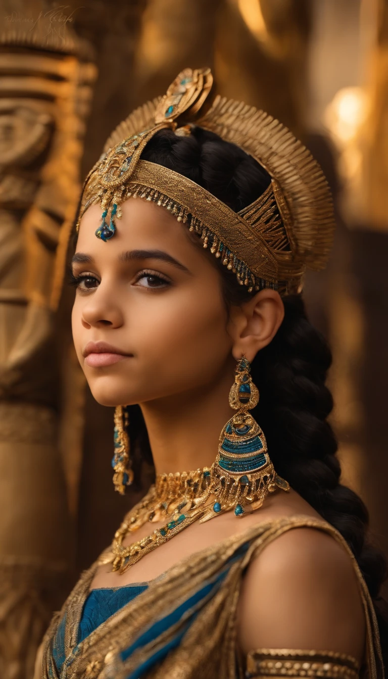 Create a picture of Jenna Ortega as Cleopatra, como uma jovem princesa do Egito Antigo, destacando sua beleza e origens reais