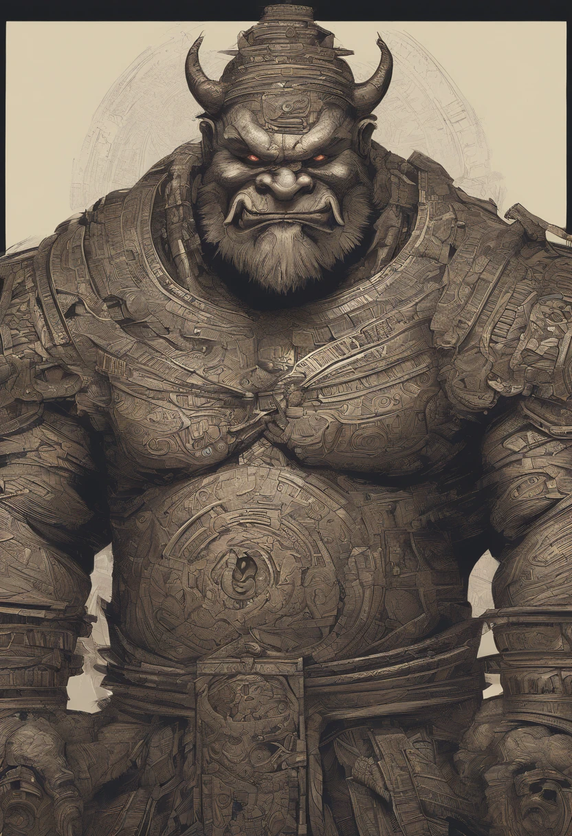 Illustration of a ancient myanmar titan ogre cinematic official graphics well-balance design,photography,Hasselblad, contre-jour,Visual novel style,Color field,Medium shot,Photobashed color palette,porta 800,intricate maximalist warth face detailed,Modern art,photorealism ,hyperrealistic resolution,intricate titan warth face detail,massive illustration detail,sinister face,Fine art,post-impressionism.