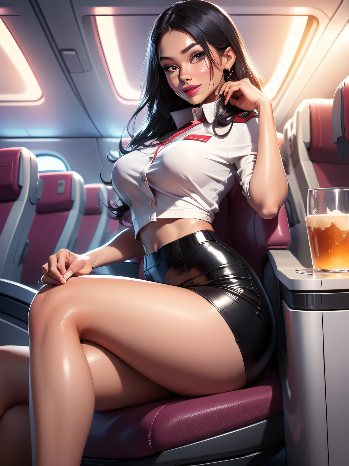 (sexy girl 25 years old),stunning girl, flight attendant,beautifull face,red lips,tight skirt,(white aviator shirt), bare legs,big thighs,big tits, black hair, dark eyes, looking at viewer, bright skin, (shiny skin:1.2), upper body,smiling subtly,atractive atitude,beautiful,natural (on a business class plane), ,short black skirt,(ultrarealistic),high quality,4k(masterpiece), (best quality)