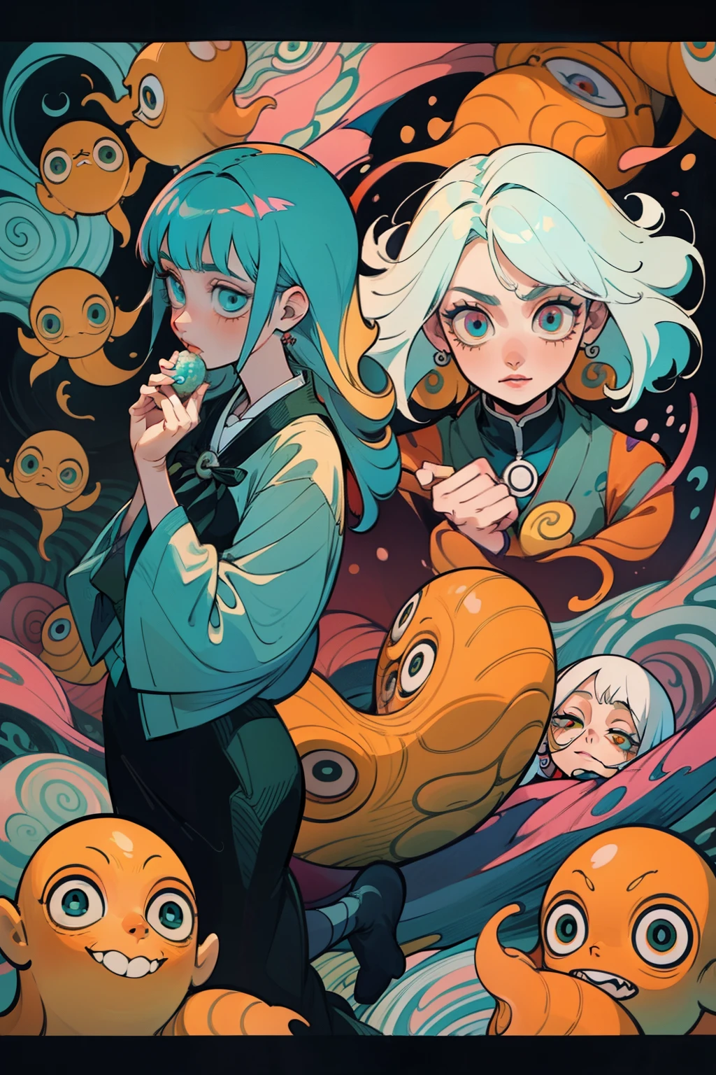 octopus girl underwater with fishes everywhere holding breath eating fish, Ultra maniac anime manga style theme (nana manga) Kamikaze kaitoujin, full body high quality 4k illustration, ceiling view pose girl looking into camera from a white bedsheet and blood splatter, Junji ito style, (uzumaki, lit. "Spiral") is a Japanese horror manga series written and illustrated by Junji Ito, horror illustration, (uzumaki) (tomie) (a girl,beauty,2girls,3girls)cool detailed eyes,beautiful detailed lips,extremely detailed eyes and face,longeyelashes,colorful hair,confident smile,stylish outfit, earrings (yummy) food in a dynamic pose(aesthetic style),vibrant colors,street-art inspired background,urban lighting, pearly white and oranget, horror Comic book. White hair streaks, aqua blue hair, hair with a lot of flow and blonde, city scape, clothes, lingerie laying on the floor