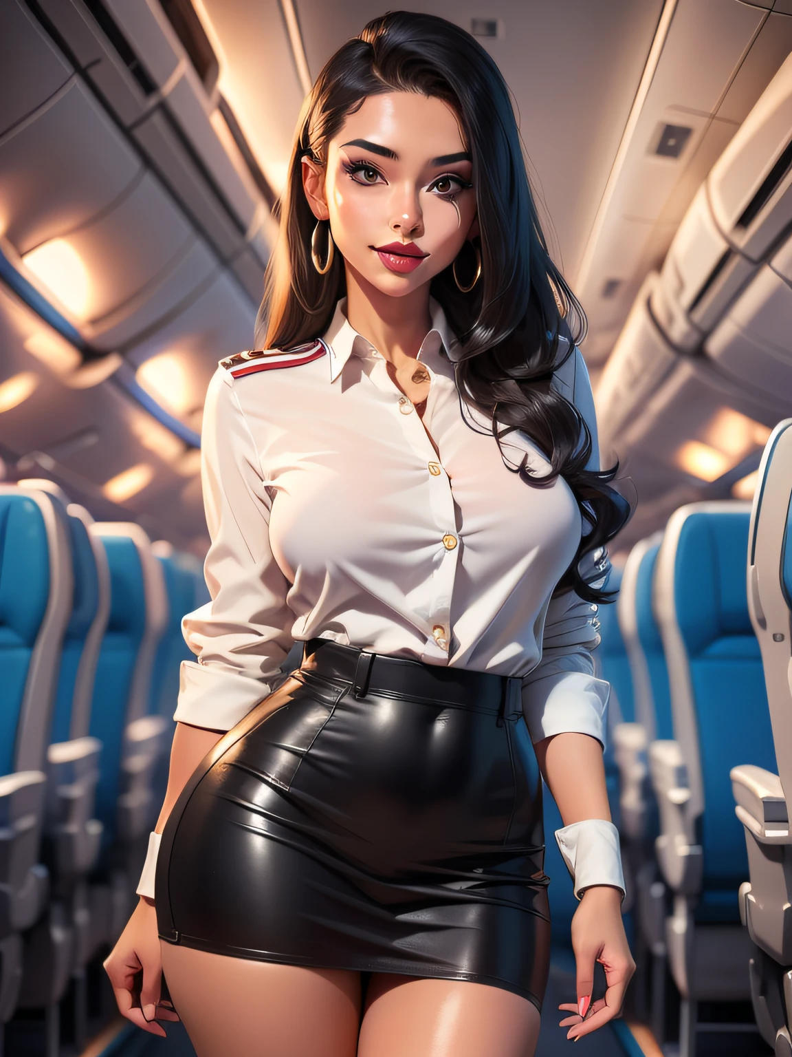 photo of a stunning Greek woman, flirty, model, 25 years, sexual, stewardess, miniskirt and blouse with airline logo, long black windy hair tied in a ponytail, provocative pose, Perfect body, Beautiful, стою in aircraf, Sensual look, (Best quality), (super detail), better lighting, Medium breasts