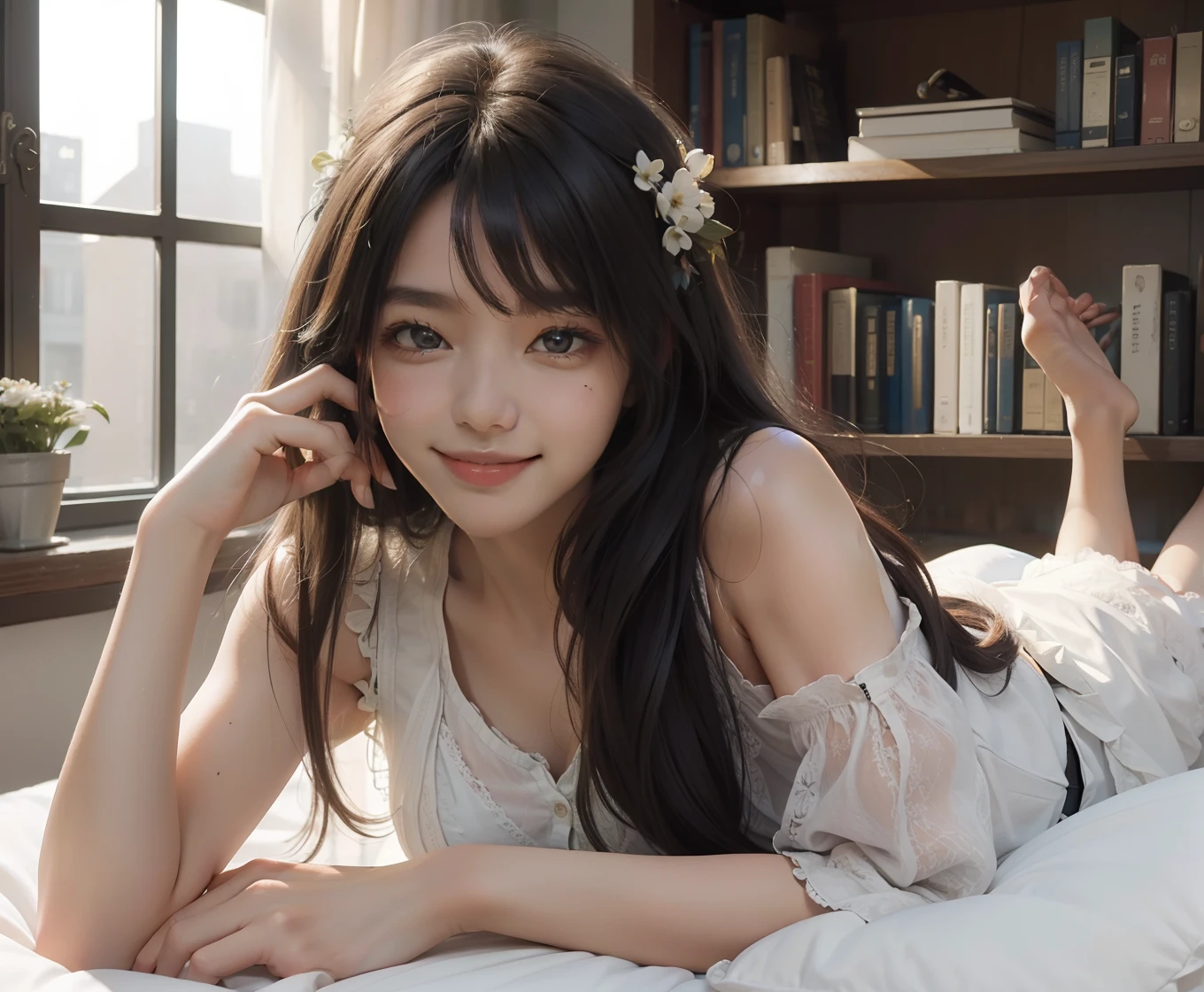 (Masterpiece, Best quality:1.2), Upper body, Solo, 1girll, flower \(v3\), Smile, view the viewer, Lying, on stomach, Long hair, Sleeveless shirt, Bedroom, plushies, bookshelf, window, spark of light, Axis