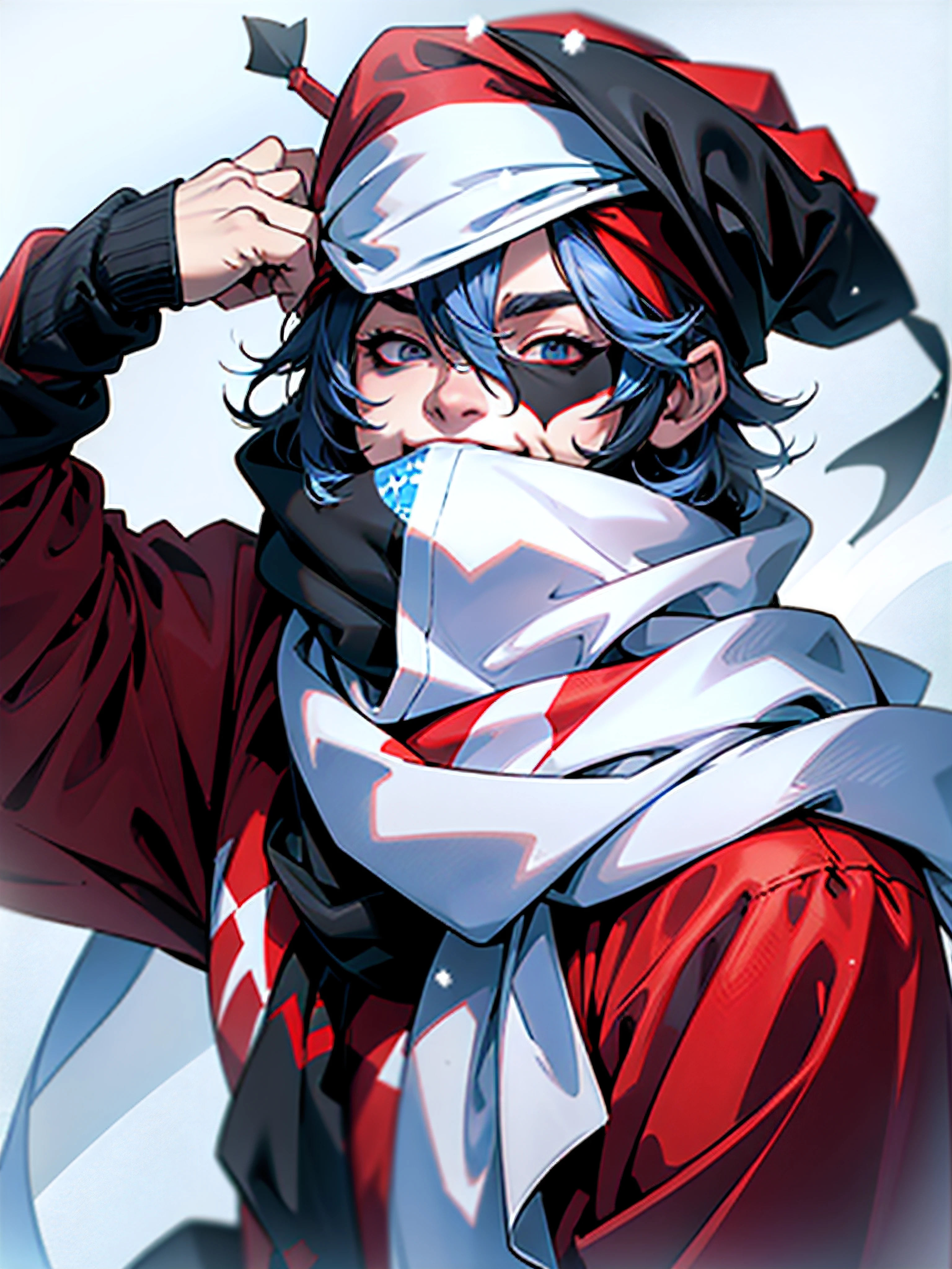 (guy,white short messy hair,jester hat,black scarf covering mouth,8k,hair covering eyes,snowy background,red and black,dead eyes,twisted grin)