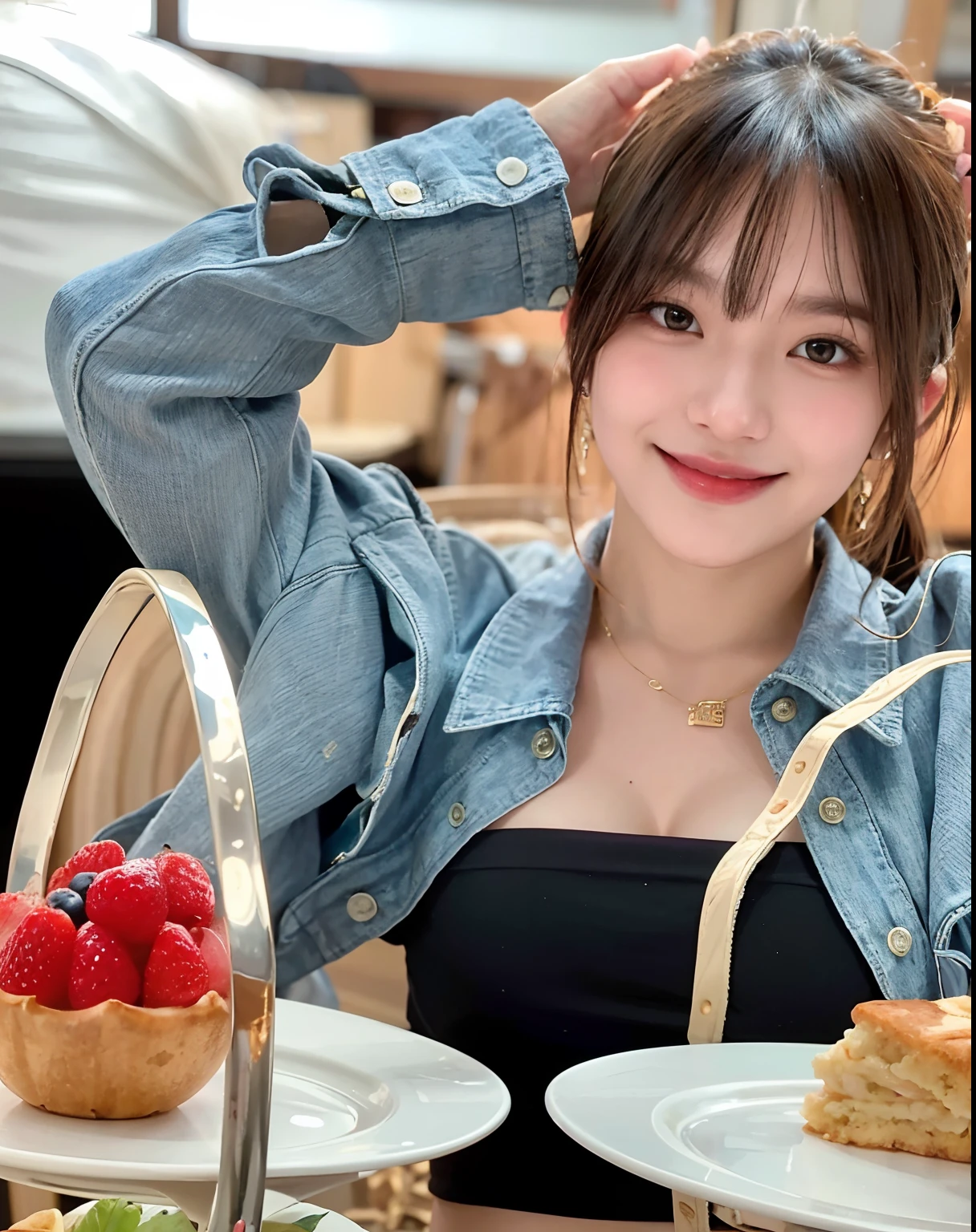 araffe woman sitting at a table with plates of food and a basket of fruit, lalisa manobal, dilraba dilmurat, ruan cute vtuber, lalisa manoban of blackpink, sakimi chan, tzuyu from twice, lovely smile, charming smile, fanart, girl cute-fine-face, with bangs, Best picture quality, masterpiece, ultra high resolution, 8k, cleavage, big boobs, bust detail, hair detail, eye detail, sharp eyes, thin smile, professional lighting
