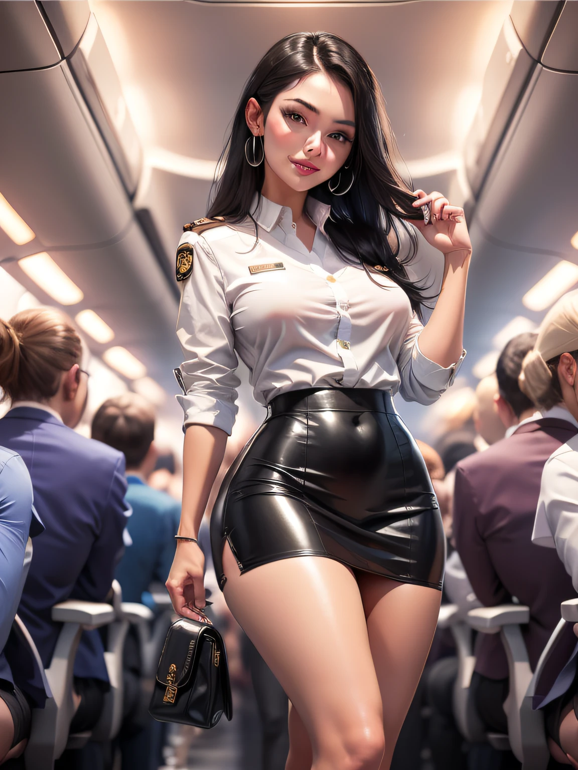 (sexy girl 25 years old),stunning girl, flight attendant,beautifull face,red lips,tight skirt,(white aviator shirt), bare legs,big thighs,big tits, black hair, dark eyes, looking at viewer, bright skin,pussy,tits out,sexy, (shiny skin:1.2), upper body,smiling subtly,atractive atitude,beautiful,natural (on a business class plane), ,short black skirt,(ultrarealistic),high quality,4k(masterpiece), (best quality)