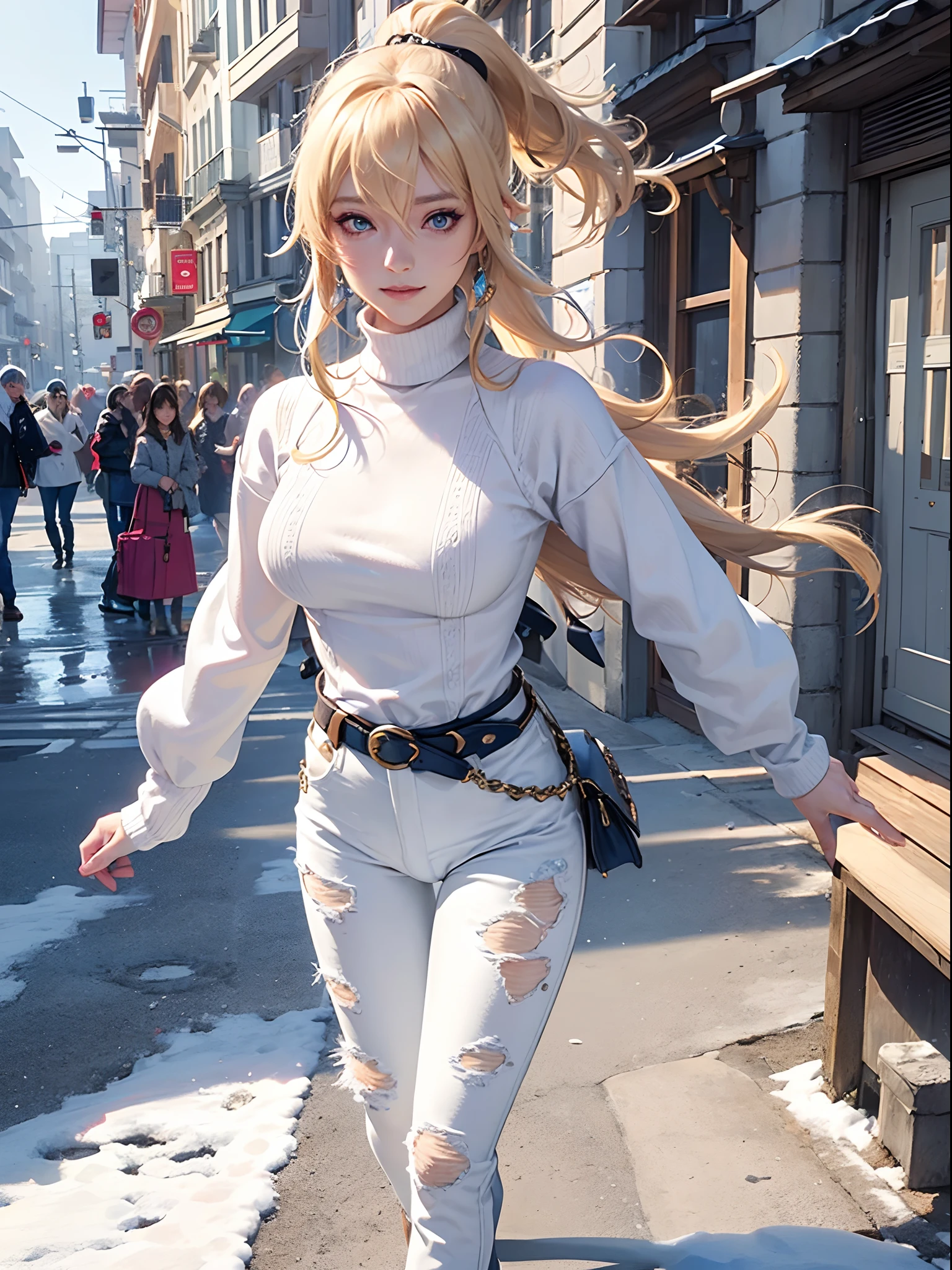 Jean,(genshin impact), extremely detailed, 1 girl,snowy, winter,((( wearing white sweater))),(((denim jeans))),realistic anime, 4k, wallpaper, smiling,wide hips, big breasts,(((Street))), expensive watch, expensive handbag, blonde, blue eyes, full body