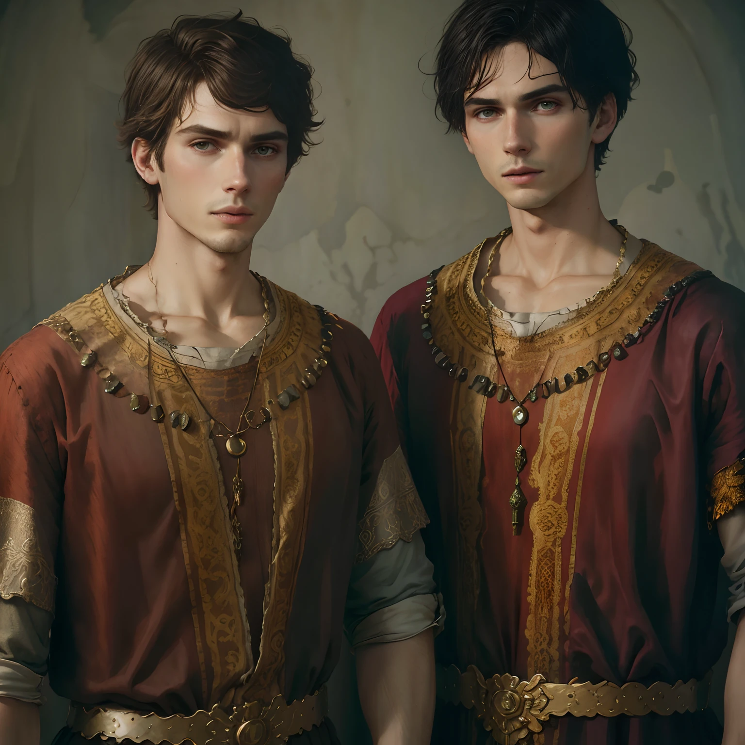 Dois jovens vestidos com roupas medievais posando para uma foto, Darius Zawadzki e Tom Bagshaw, Tom Bagshaw e Tom Richmond, Edmund Blair e Charlie Bowater, beautiful gemini twins portrait, beautiful male twins portrait, pintura digital renascentista, Petros e Leonid, maarten schröder and tom bagshaw