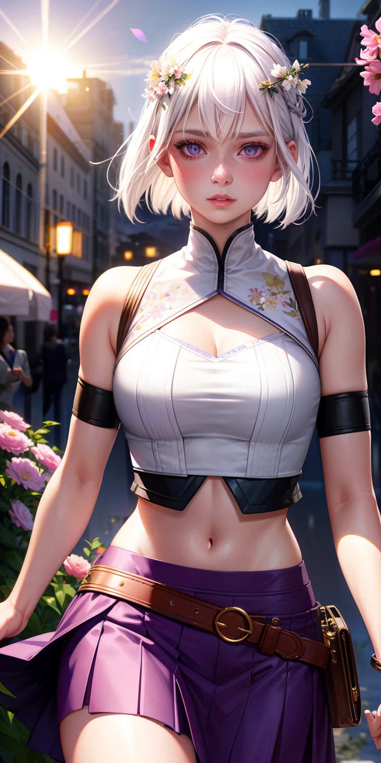 realistic, 1girl, white hair, purple eyes, glowing eyes, crop top, skirt, parted lips, blush, night, flowers, sun, sunlight,