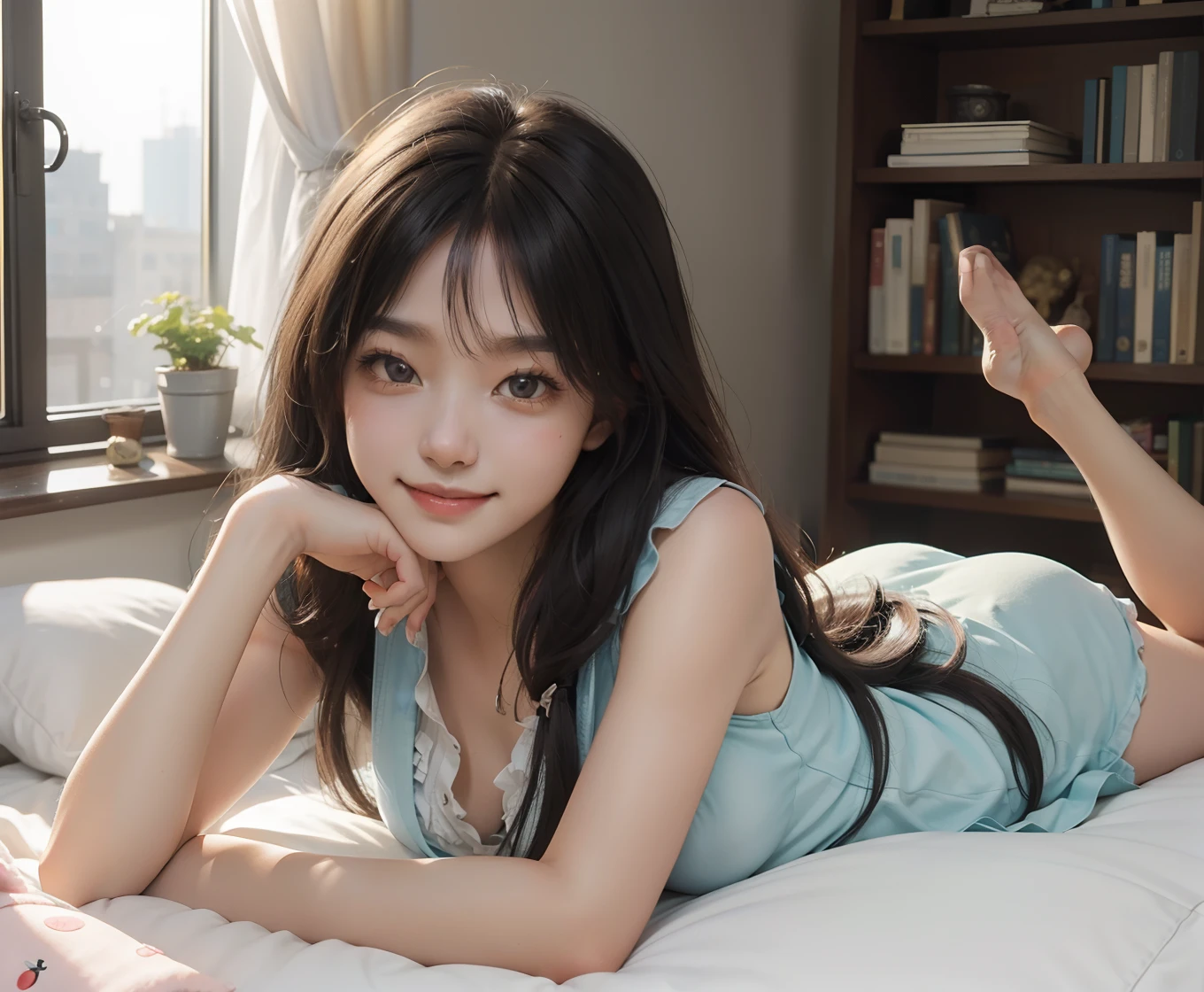 (Masterpiece, Best quality:1.2), Upper body, Solo, 1girll, flower \(v3\), Smile, view the viewer, Lying, on stomach, Long hair, Sleeveless shirt, Bedroom, plushies, bookshelf, window, spark of light, Axis