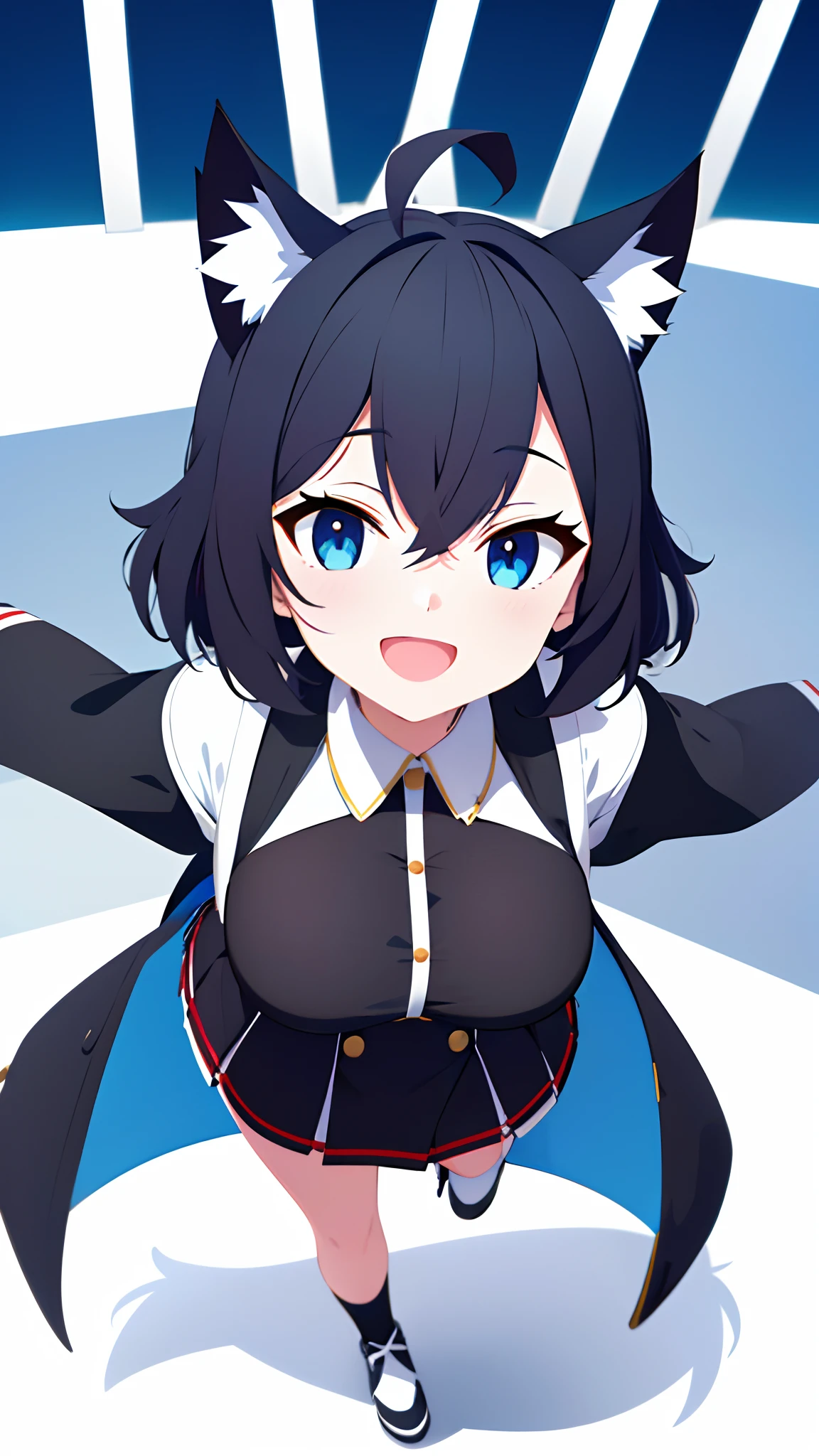 Full body,((((Upright)))), ((((Arms at sides)))), Looking at Viewer, simple background、White background, 1girl in, Open mouth, Smile, Virtual Youtuber、girl with、((Best Quality, high_resolution, Distinct_image)),(Black hair), (Black cat ears), (Ahoge), (absurdly short hair), (Wavy Hair), (Blue eyes),、A smile、Very big breasts,(wearing shoes on feet)、concept-art、((View Viewer))。military outfits。Wearing a cape。((You can see the valley))