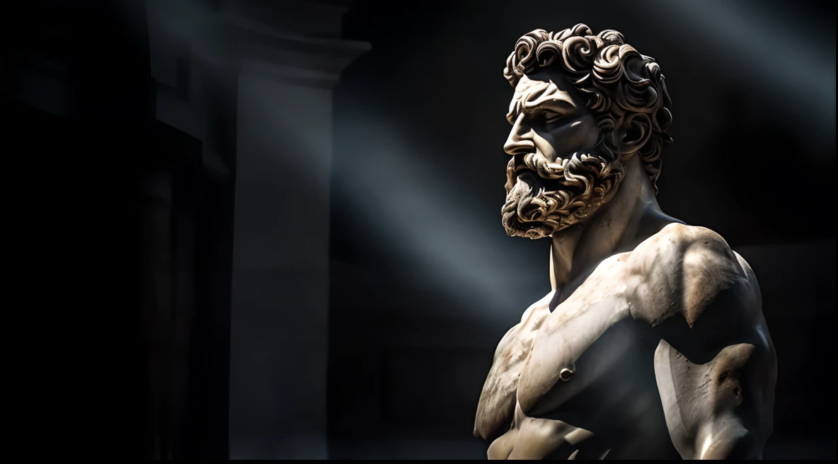 a statue of a man with a beard and a face without a beard, statue of hercules looking angry, portrait of demigod hercules, statue of hercules, bust of hercules, an ancient greek statue, greco roman statue, inspirado em Hercules Seghers, ancient greek statue, divino e estoico, classic sculpture, some marble statues can be seen, Greek statue