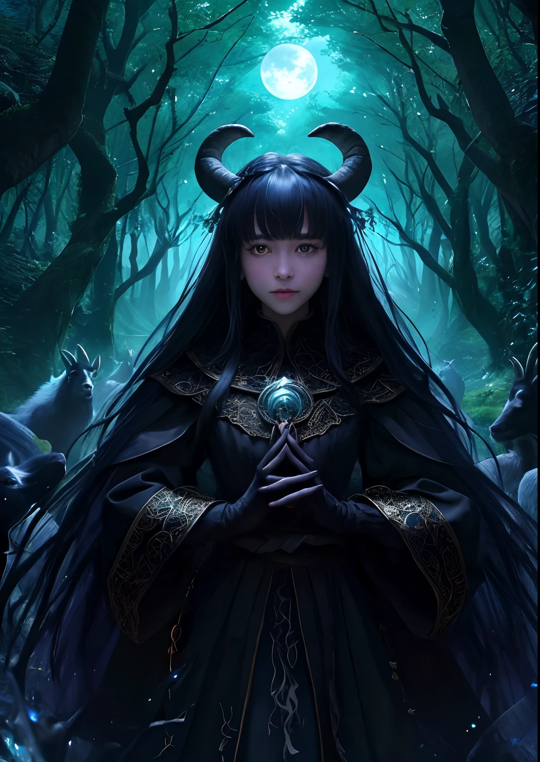 French woman、Official Art、Unity 8k Wallpapers、ultra-detailliert、Beautifully Aesthetic、​masterpiece、top-quality、Photorealsitic、ighly detailed、dynamic ungle、((O black goat of the forest, conceived a thousand children, accept my sacrifice！))、 (FGO / Jacques de Molay)、 Cosplay、In a nightmare、Nightmare space、Dark Fantasy、Most Beautiful Form of Chaos