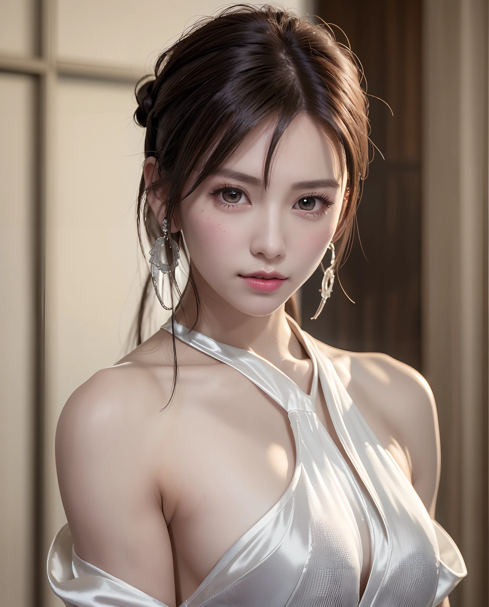 (Best Quality, masutepiece:1.2), 超A high resolution, Realistic, Front lighting, intricate detailes, Exquisite details and textures, 1girl in, Solo ,(年轻), Face Highlight, Upper body, Detailed face, Tear mole, White skin, Silver hair, Ponytail, Braid hair, Looking at Viewer, Big eyes, silk robe, (Hollow pattern, white, Silk), earrings, Small breasts, Slim body, luxury room, Professional Lighting, Photon mapping, Radio City, Physically-based rendering,
