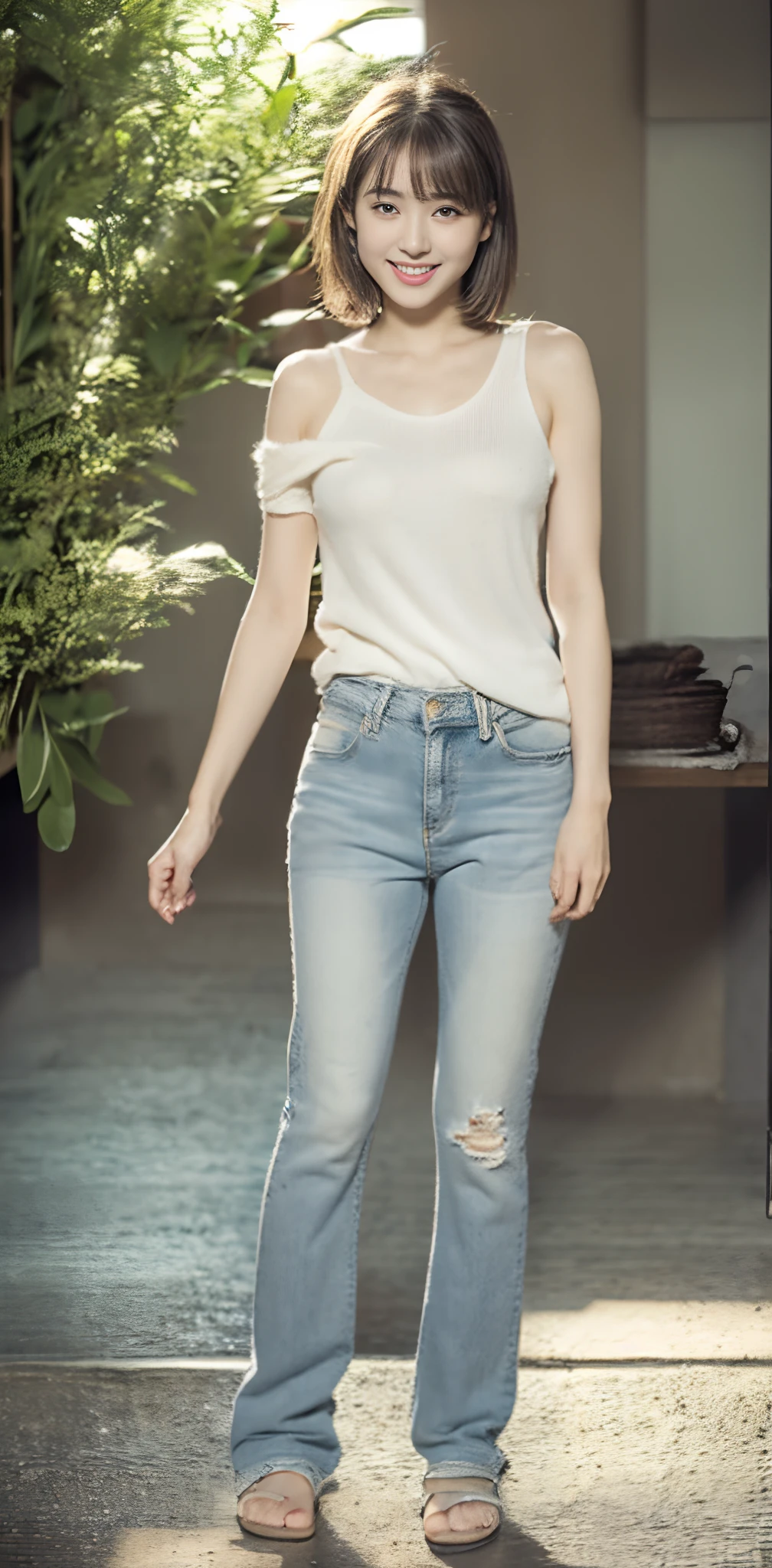 (超高分辨率,RAW photogr,8K,k hd,Best quality,tmasterpiece:1.5),(Complicated details,realisticlying),1 very beautiful woman, age 22, Solo, A high resolution, Extremely detailed face, (Professional lighting,Bokeh),(light particules,lens flare glow,Luminous Particle:0.6),gentlesoftlighting,Trendy atmosphere,jpn,the street,Stylish short hair,bobo head, A brown-haired, Hair is delicate and soft,Fluttering, cparted lips, lipsticks, Seductive smile, ssmile, Open-mouthed, teeth, There are small dimples,White swan neck,Shave your shoulders, Bigchest,(petite,Golden ratio figure),Wear one(blue gray)(tight-fitting,Slim version,Fit snugly on the body)Sweaters, (Wash blue)(Fashion jeans),(detailed outfits:1.5), 二重まぶた,long eyelasher, birthmark, (Moles under eyes: 1), Big breasts Thin waist,Beautiful buttocks,The calves are well-proportioned, slenderness:1.2,A pair of small white and tender jade feet,Beautiful toes:1.5,Wear stylish sandals,(Coquettish and playful beautiful pose),Female-centered focus photography,The waist and crotch are the focus,Broad lighting,naturalshadow,wide wide shot,close focus,shooting full body:1.8,fully body photo:1.8