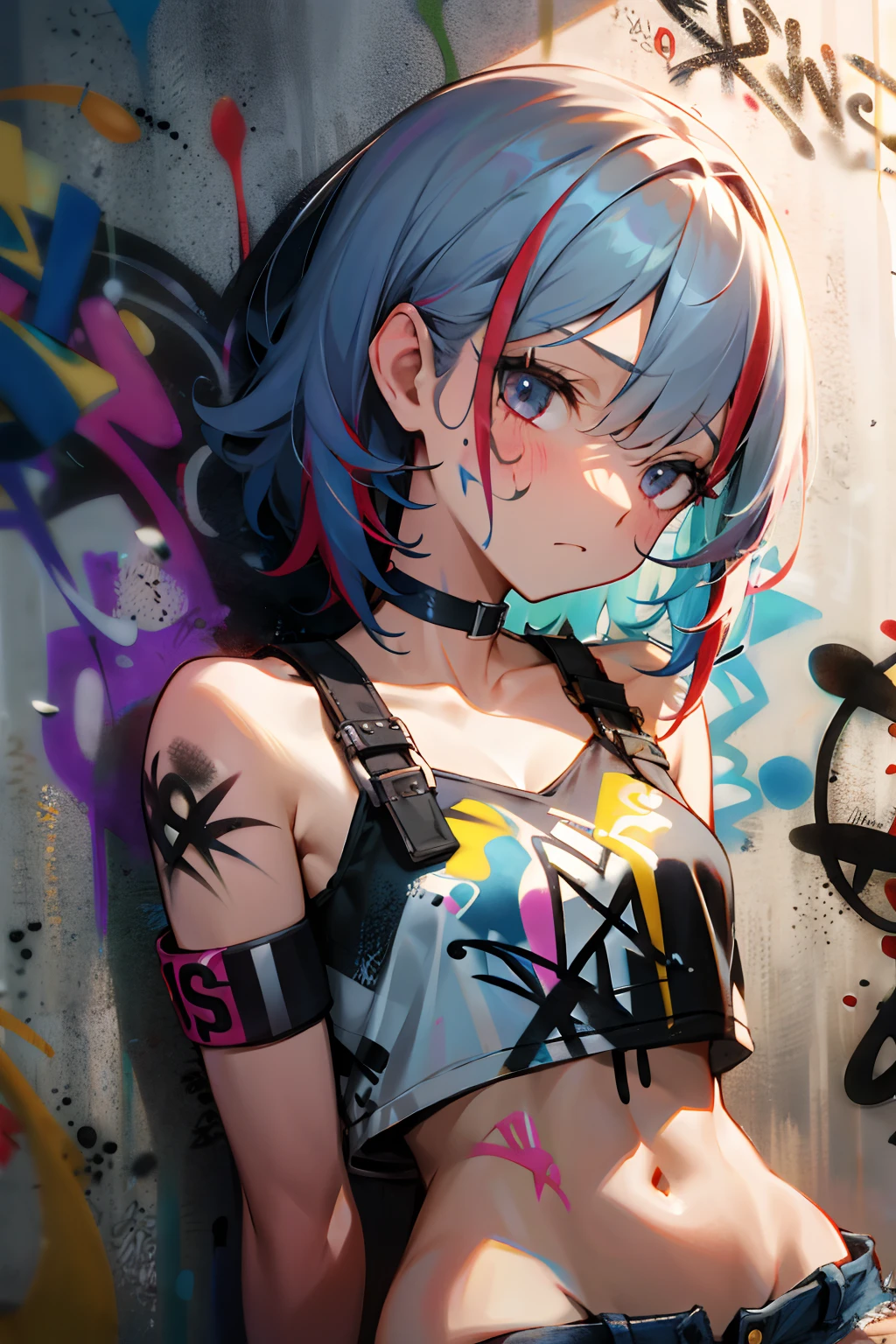 absurdres, best quality,1girl, solo, streaked hair, crop top, denim shorts, choker, (graffiti:1.5), paint splatter, arms behind back, (slouching), leaning back, against wall, (leaning to the side:0.25), looking at viewer, armband, thigh strap, streaked hair, paint on body, upturned eyes, head down, head tilt, (from side:0.75), bored, (expressionless:0.75)