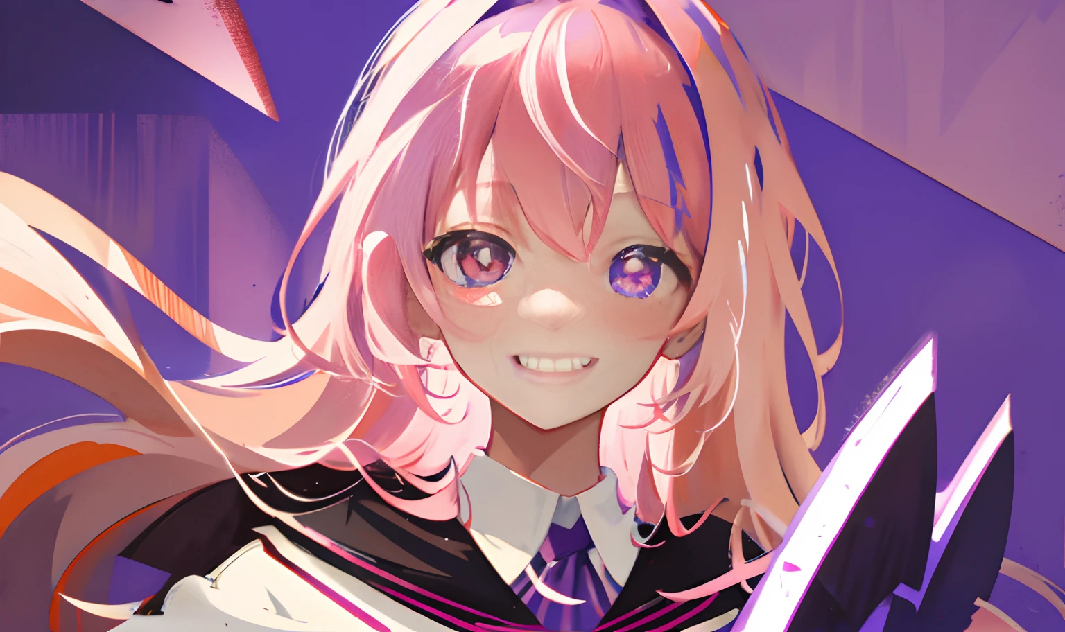 Single portrait，schoolgirls,abstract backgrounds,Pink hair,Beige sweater,Blue-violet iris,Red pupils，The psychopath smiles