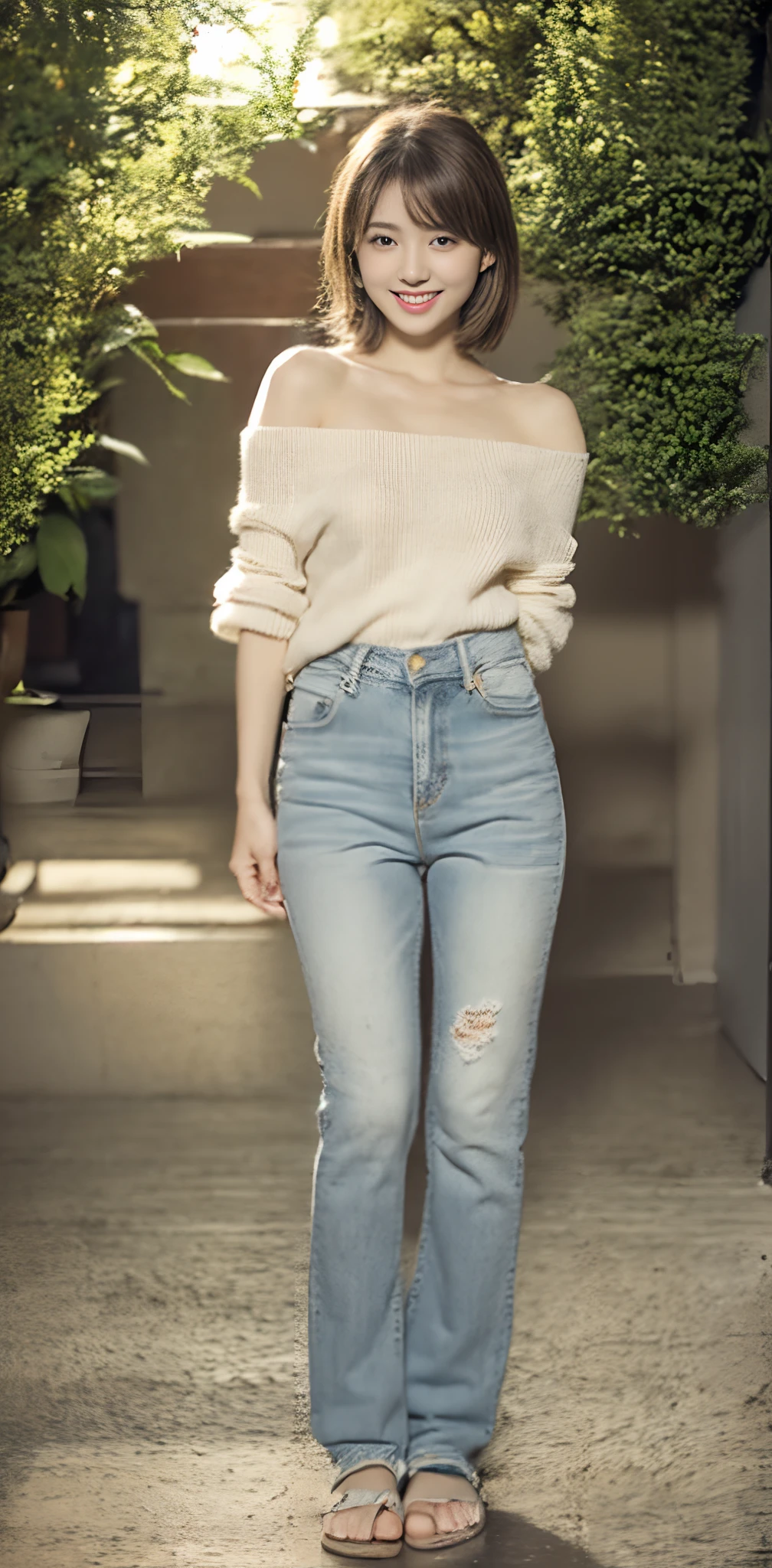 （超高分辨率，RAW photogr，8K,k hd，Best quality，tmasterpiece:1.5），（Complicated details，realisticlying），1 very beautiful woman, age 22, Solo, A high resolution, Extremely detailed face, (Professional lighting，Bokeh），（light particules，lens flare glow，Luminous Particle：0.6），gentlesoftlighting，Trendy atmosphere，jpn，the street，Stylish short hair，bobo head， A brown-haired, Hair is delicate and soft，Fluttering, cparted lips, lipsticks, Seductive smile, ssmile, Open-mouthed, teeth, There are small dimples，White swan neck，Shave your shoulders, Bigchest，（petite，Golden ratio figure），Wear one（blue gray）（tight-fitting，Slim version，Fit snugly on the body）Sweaters, (Wash blue）（Fashion jeans),（detailed outfits:1.5）， 二重まぶた，long eyelasher, birthmark, (Moles under eyes: 1), Big breasts Thin waist，Beautiful buttocks，The calves are well-proportioned, slenderness:1.2，A pair of small white and tender jade feet，Beautiful toes:1.5，Wear stylish sandals，（Coquettish and playful beautiful pose），Female-centered focus photography，The waist and crotch are the focus，Broad lighting，naturalshadow，wide wide shot，close focus，shooting full body:1.8,fully body photo:1.8