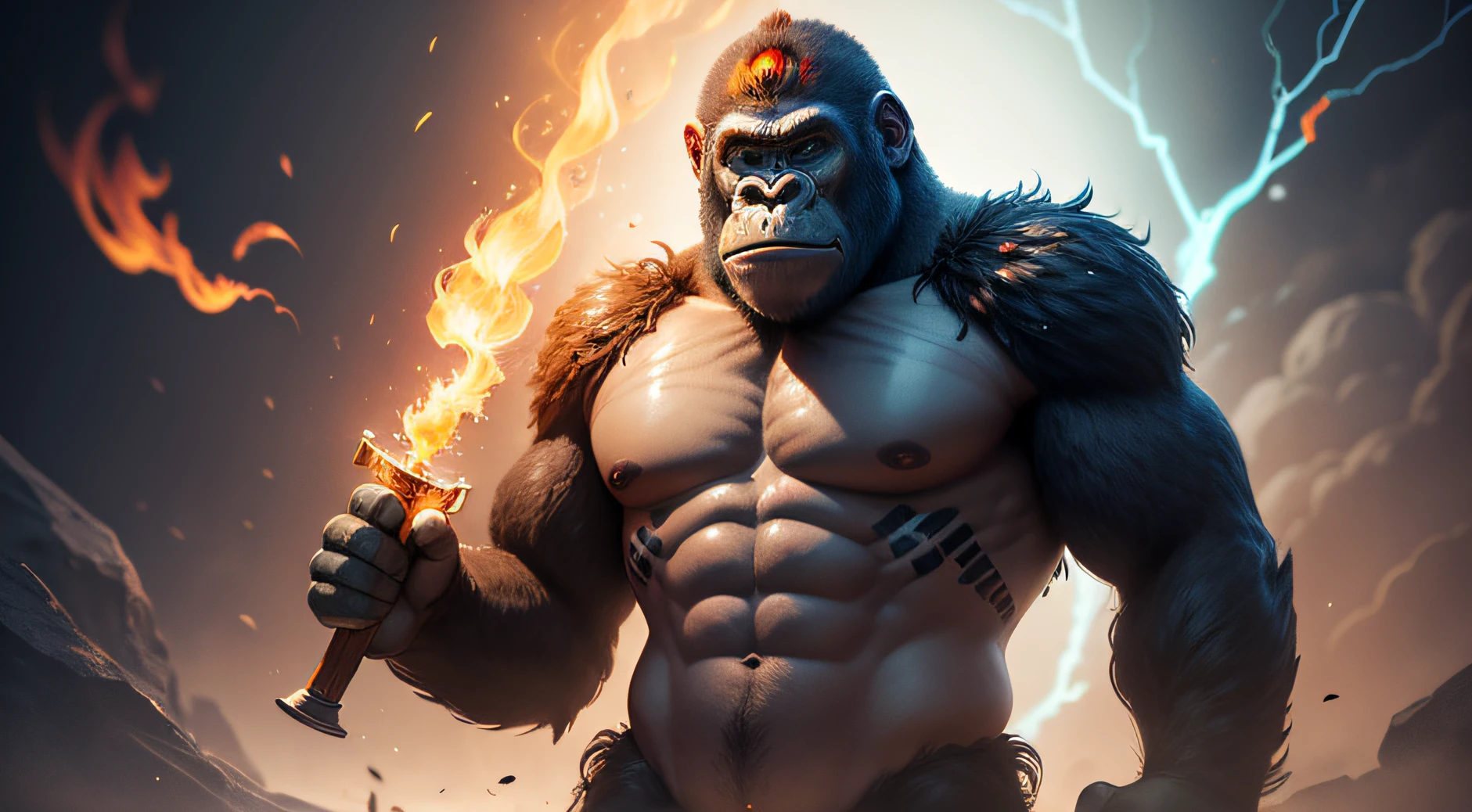 cinematic picture, To the left of the image, imagem total masterpiece, Velhaco (((assassin gorila masculino))), face hiperdetalhada, envolto em sombras, holding a flaming long sword in his left hand and a wooden shield in his right hand, cores abissais brilhantes vibrantes, totalmente em moldura, corpo inteiro, Irradiation of electrical energy, corpo inteiro, Gorila estilo anime bonito, pintura hiperdetalhada, Luminismo, arte por Carne Griffiths e Wadim Kashin arte conceitual, 8K resolution, fractal isometrics details bioluminescence , 3D-rendering, octan render, intricatel