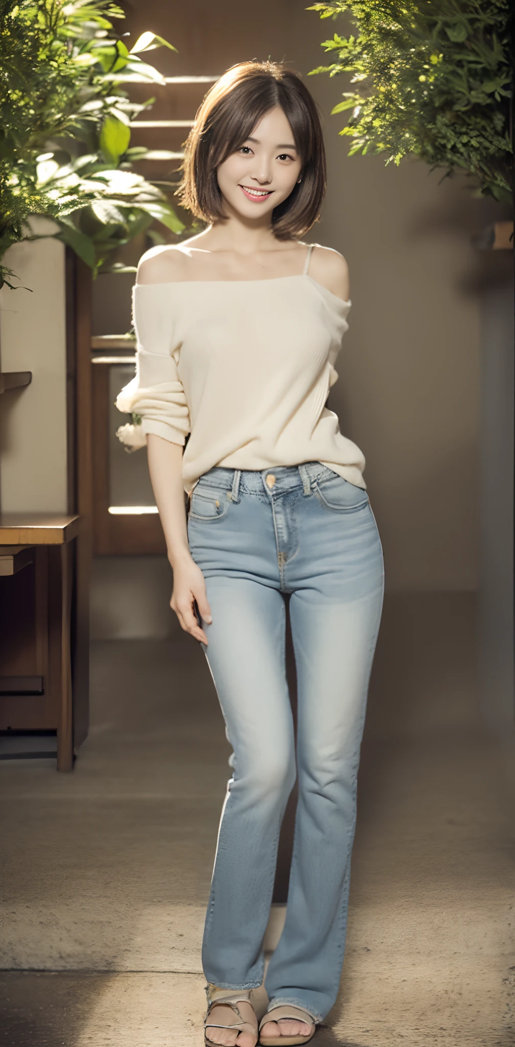 (超高分辨率,RAW photogr,8K,k hd,Best quality,tmasterpiece:1.5),(Complicated details,realisticlying),1 very beautiful woman, age 22, Solo, A high resolution, Extremely detailed face, (Professional lighting,Bokeh),(light particules,lens flare glow,Luminous Particle:0.6),gentlesoftlighting,Trendy atmosphere,jpn,the street,Stylish short hair,bobo head, A brown-haired, Hair is delicate and soft,Fluttering, cparted lips, lipsticks, Seductive smile, ssmile, Open-mouthed, teeth, There are small dimples,White swan neck,Shave your shoulders, Bigchest,(petite,Golden ratio figure),Wear one(blue gray)(tight-fitting,Slim version,Fit snugly on the body)Sweaters, (Wash blue)(Fashion jeans),(detailed outfits:1.5), 二重まぶた,long eyelasher, birthmark, (Moles under eyes: 1), Big breasts Thin waist,Beautiful buttocks,The calves are well-proportioned, slenderness:1.2,A pair of small white and tender jade feet,Beautiful toes:1.5,Wear stylish sandals,(Coquettish and playful beautiful pose),Female-centered focus photography,The waist and crotch are the focus,Broad lighting,naturalshadow,wide wide shot,close focus,shooting full body:1.8,fully body photo:1.8