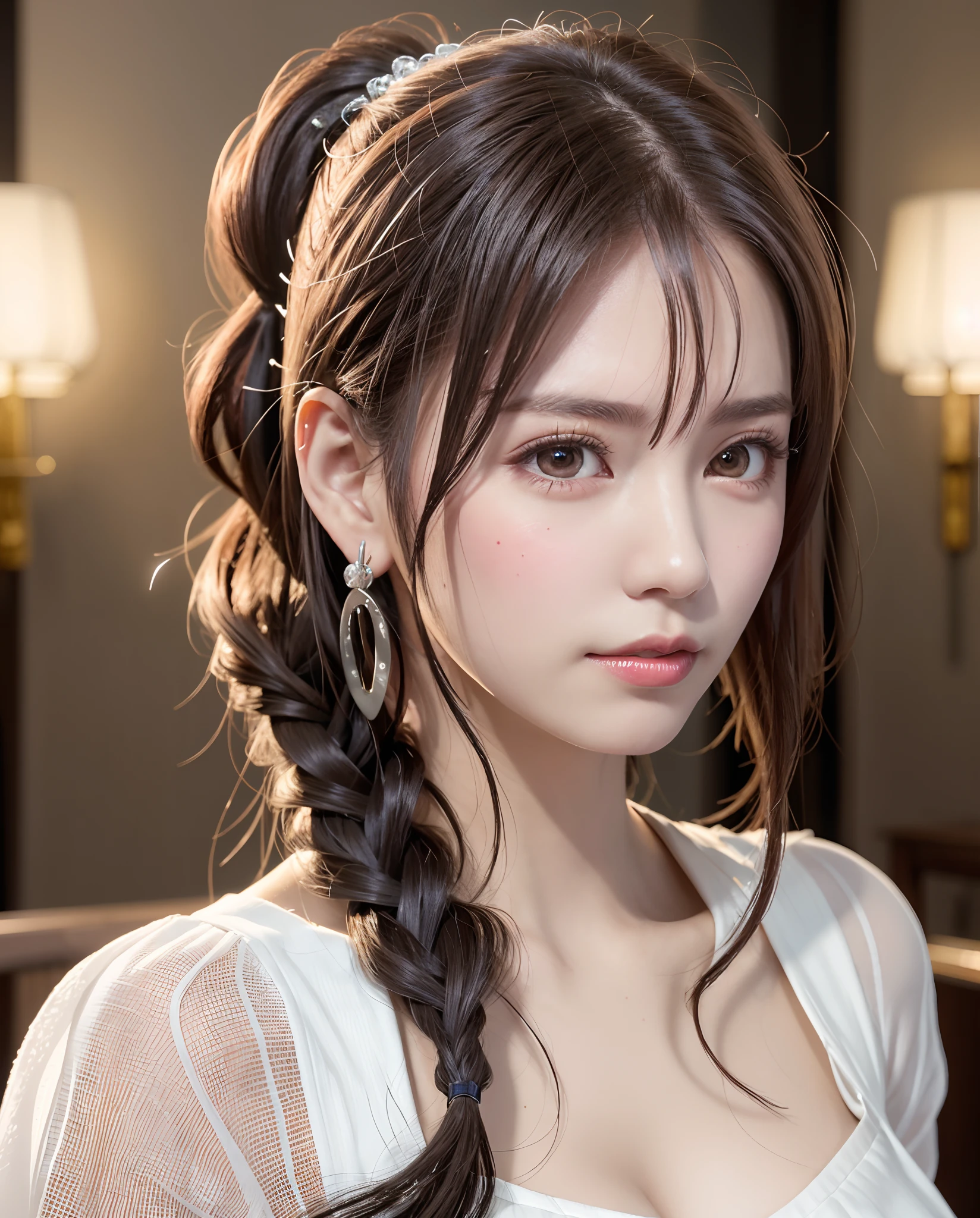 (Best Quality, masutepiece:1.2), 超A high resolution, Realistic, Front lighting, intricate detailes, Exquisite details and textures, 1girl in, Solo ,(年轻), Face Highlight, Upper body, Detailed face, Tear mole, White skin, Silver hair, Ponytail, Braid hair, Looking at Viewer, Big eyes, silk robe, (Hollow pattern, white, Silk), earrings, Small breasts, Slim body, luxury room, Professional Lighting, Photon mapping, Radio City, Physically-based rendering,