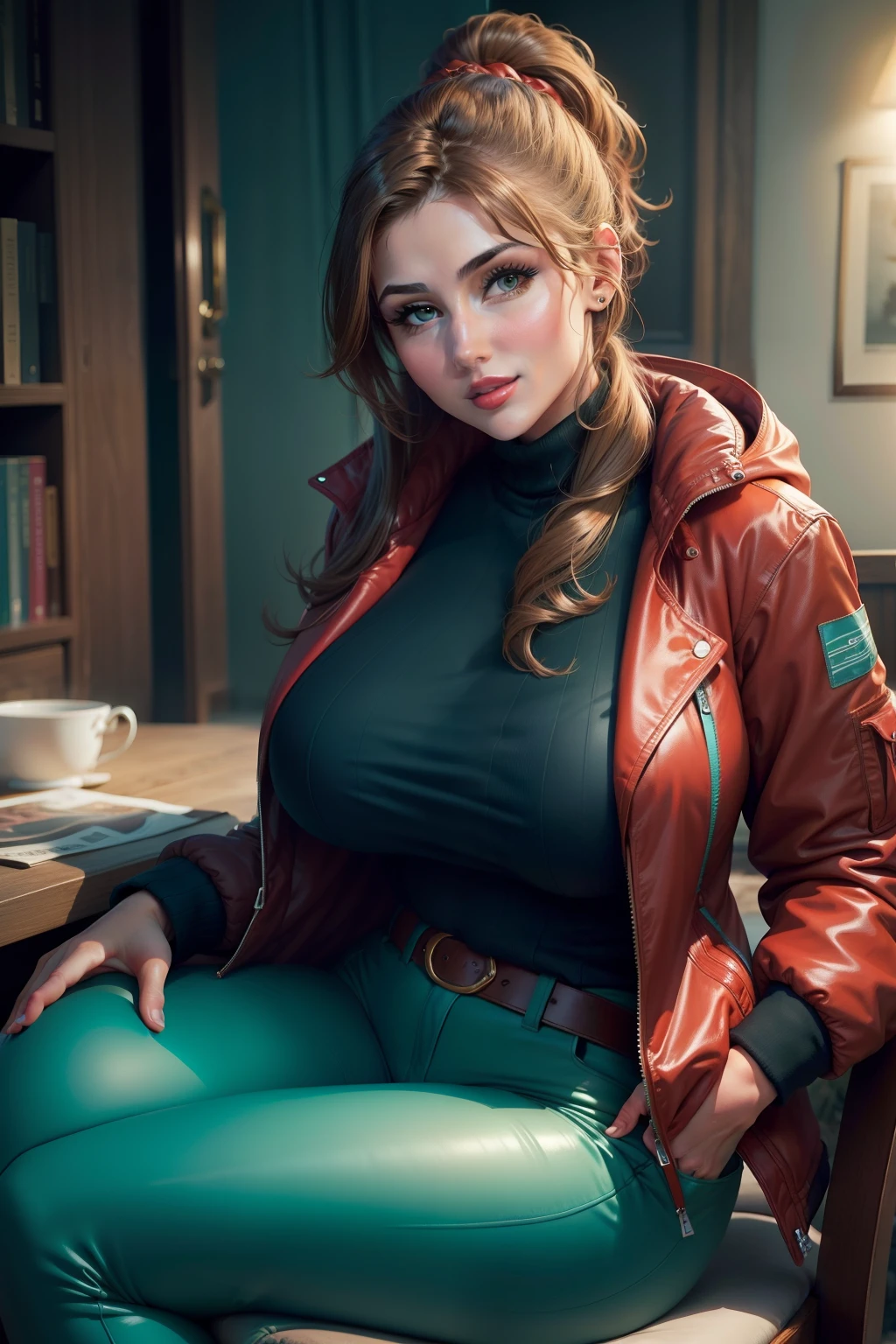 lucy pinder, portrait, smiling, brown hair, ponytail, closed winter jacket, turquoise jacket, turquoise pants, red lips, voluptuous, sitting.