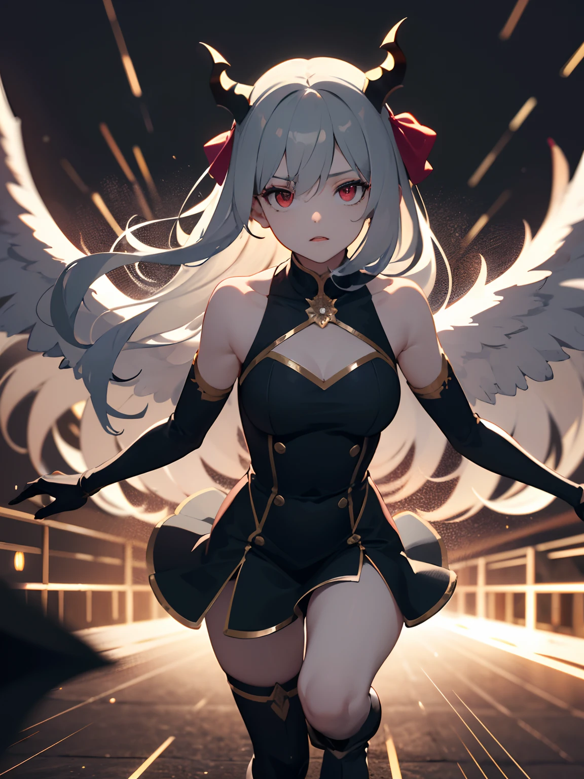 3d, (Stereoscopic feeling:1.2), highres, (ultra detailed:1.5), extremely CG,
(black background),((motion blur:1.5)),((silhouette:1)),((radial blur:1.5)),(glowing),((backlighting:1.2)),border, blurry_background,
An extremely delicated and beautiful girl is spreading her beautiful wings and flying in the sky.She has an extremely detailed and beautiful cute anime face, depthoffield, Color degradation, from bellow,ceiling,looking at viewer, girl,woman,female, young,20 years old, long hair, wavy hair, silver hair, long hair flowing with the wind, delicate beautiful face,cold expression,rape face, green pupil, parted_lips, delicate hands, medium_breasts, , red eyes, white skin, delicate gold metal decorations, hair_bow, fingerless_gloves, demon_girl, knee_boots, black Clothes, night sky,