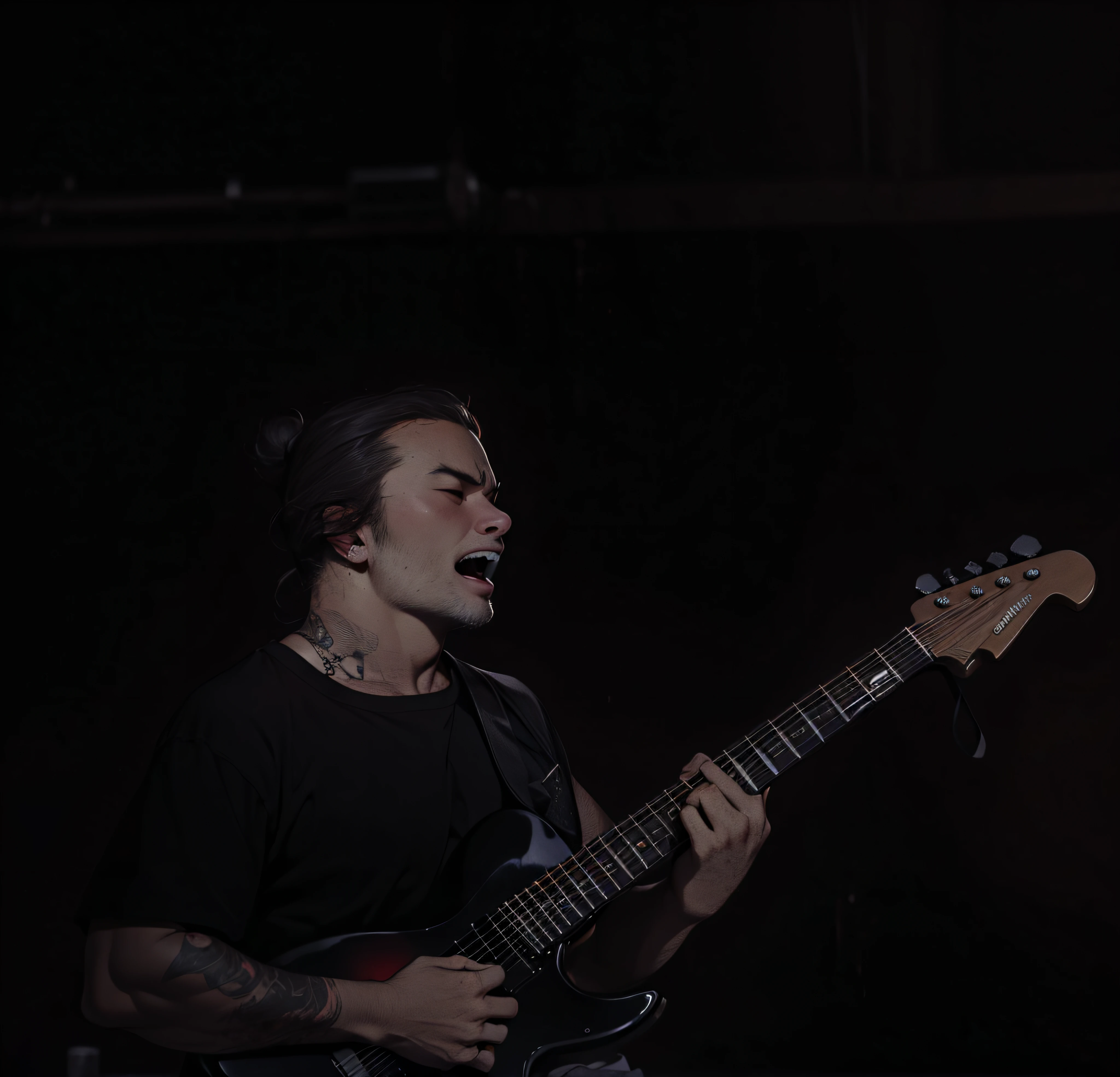 rabbit man playing the guitar, rockstar, crowd cheering, lights, concert, band, having fun