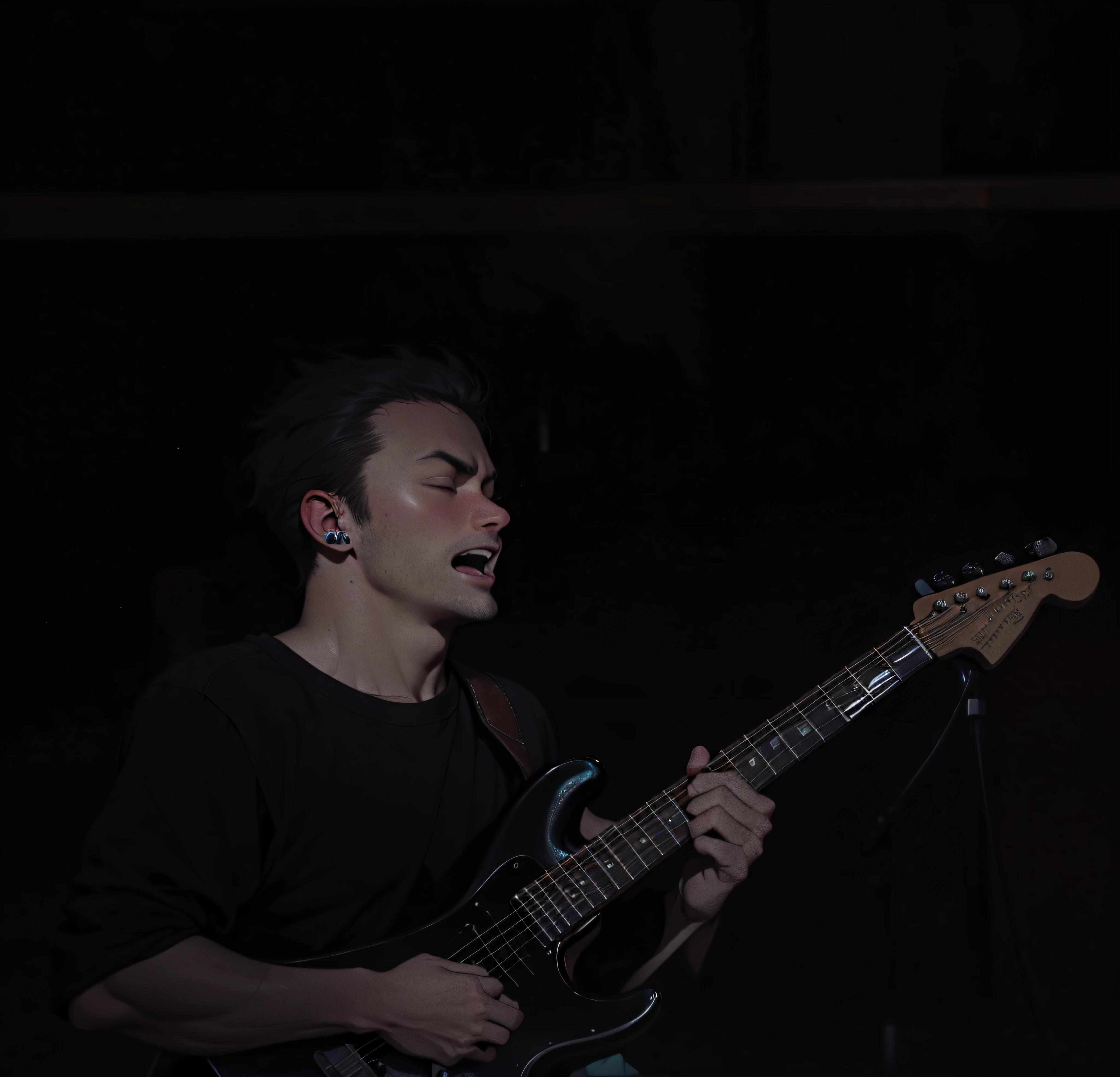 rabbit man playing the guitar, rockstar, crowd cheering, lights, concert, band, having fun