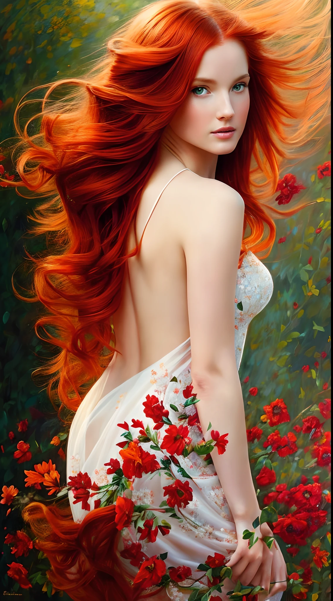 beautiful red-haired woman, full body, Fibonacci sequence-shaped dress, stunning eyes, elegant posture, graceful movement, vibrant colors, detailed floral patterns, soft and flowing hair, natural sunlight, subtle shadows, delicate makeup, fine texture, oil painting style, high resolution, vivid and realistic, captivating expression