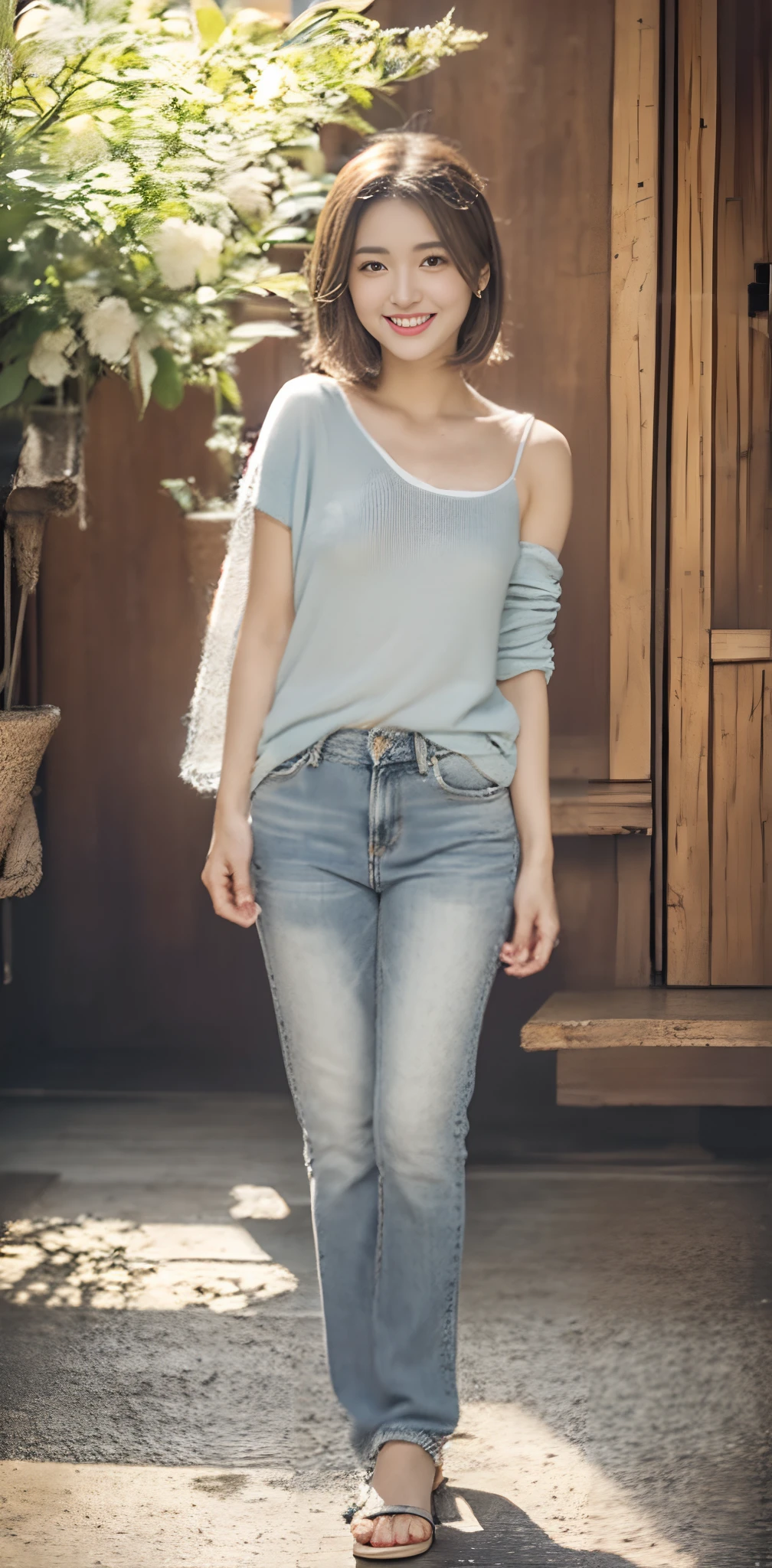(超高分辨率,RAW photogr,8K,k hd,Best quality,tmasterpiece:1.5),(Complicated details,realisticlying),1 very beautiful woman, age 22, Solo, A high resolution, Extremely detailed face, (Professional lighting,Bokeh),(light particules,lens flare glow,Luminous Particle:0.6),gentlesoftlighting,Trendy atmosphere,jpn,the street,Stylish short hair,bobo head, A brown-haired, Hair is delicate and soft,Fluttering, cparted lips, lipsticks, Seductive smile, ssmile, Open-mouthed, teeth, There are small dimples,White swan neck,Shave your shoulders, Bigchest,(Petite,Golden ratio figure),Wear one(blue gray)(tight-fitting,Slim version,Fit snugly on the body)Sweaters, (Wash blue)(Fashion jeans),(detailed outfits:1.5), 二重まぶた,long eyelasher, birthmark, (Moles under eyes: 1), Big breasts Thin waist,Beautiful buttocks,The calves are well-proportioned, slenderness:1.2,A pair of small white and tender jade feet,Beautiful toes:1.5,Wear stylish sandals,(Coquettish and playful beautiful pose),Female-centered focus photography,The waist and crotch are the focus,Broad lighting,naturalshadow,wide wide shot,close focus,shooting full body:1.8,fully body photo:1.8