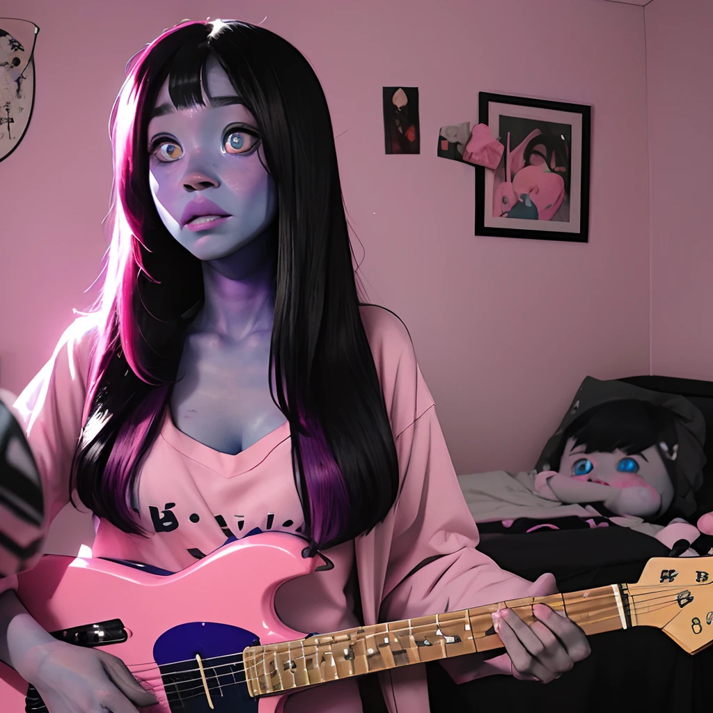 cute anime (zombie girl) with (dark purple straight hair), freckles, (((blue skin))), (((pink eyes))), pink nose. Playing electric guitar in her room.