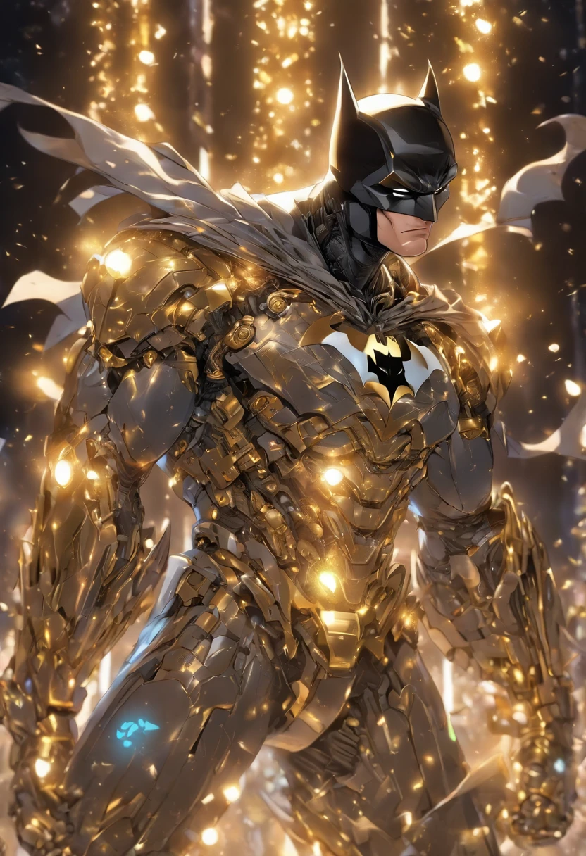 Batman wears a gold and silver robot suit