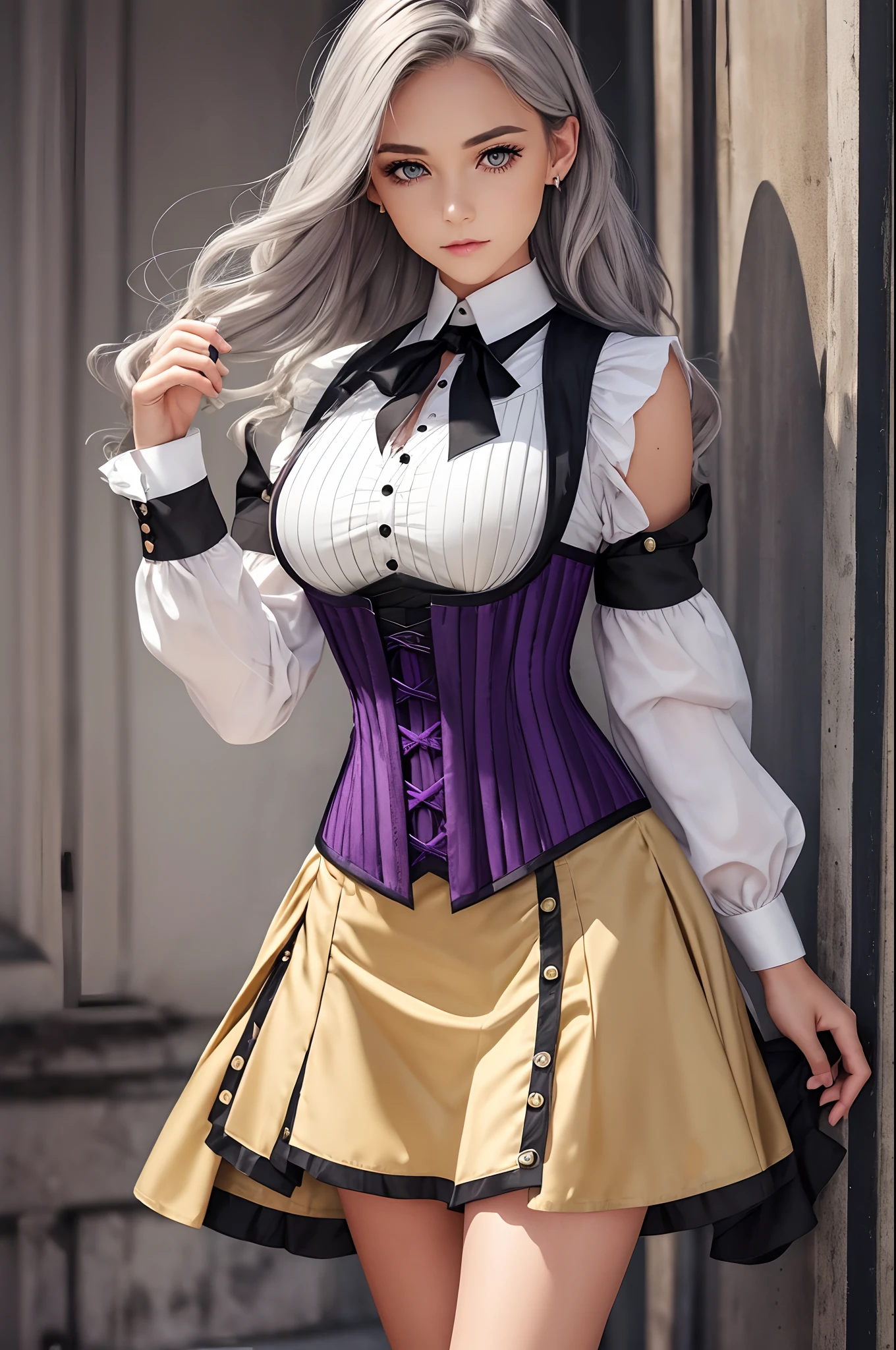 Girls, gray-haired, short-hair, Yellow-eyed, small breasts, Cat hair decoration, side locks, gray-haired, Shiny hair, uniform, (golden eyes: 1.2), (Two long triangular extensions on the skirt, A corset of life), White buttons of the vest corset, (Striped short-sleeved shirt under the vest corset), (The ends of the sleeves are closer to the hands), (thick black ribbon around the neck), ( Short purple skirt),