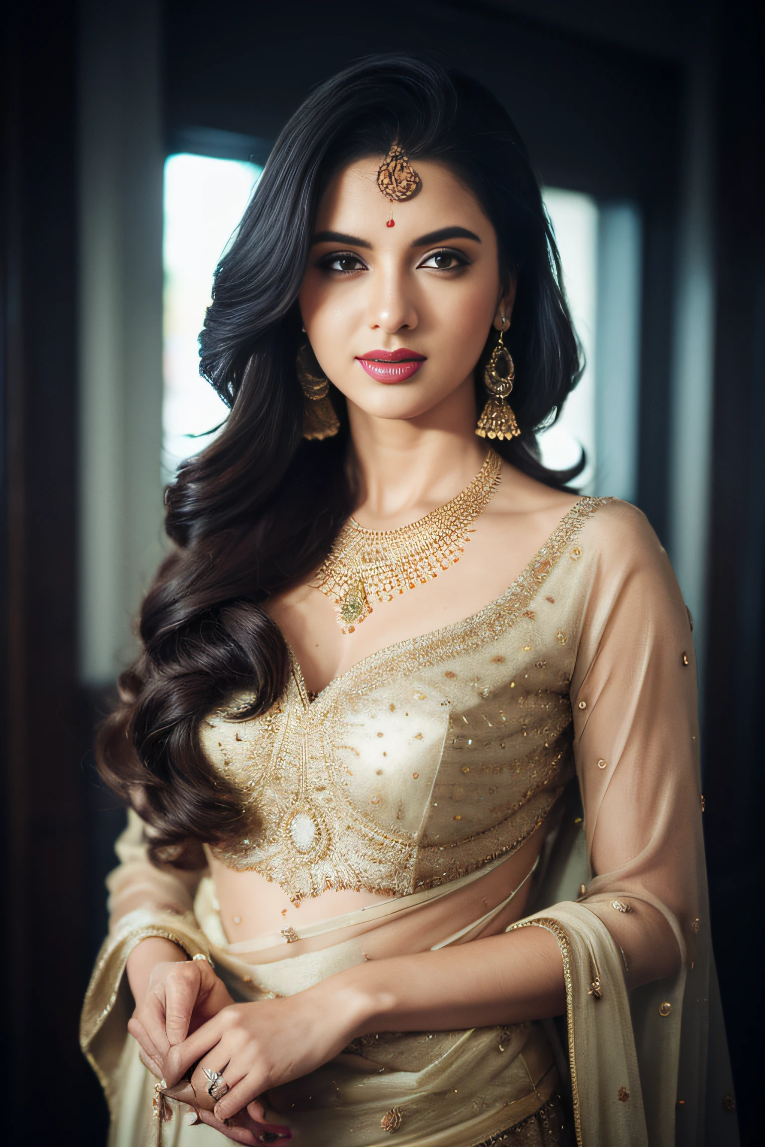 portrait of A confident-looking, brighter smiling face, happy indian woman princess with long flowing hair, hazel eyes, lip stick, wearing designer jewellery, blue and red designer dress, standing at fashion party, bokeh perfect composition, hyperrealistic, super detailed, rainy day clear, 8k, high quality, trending art, trending on artstation, sharp focus, photo shoot, intricate details, highly detailed, art by greg rutkowski