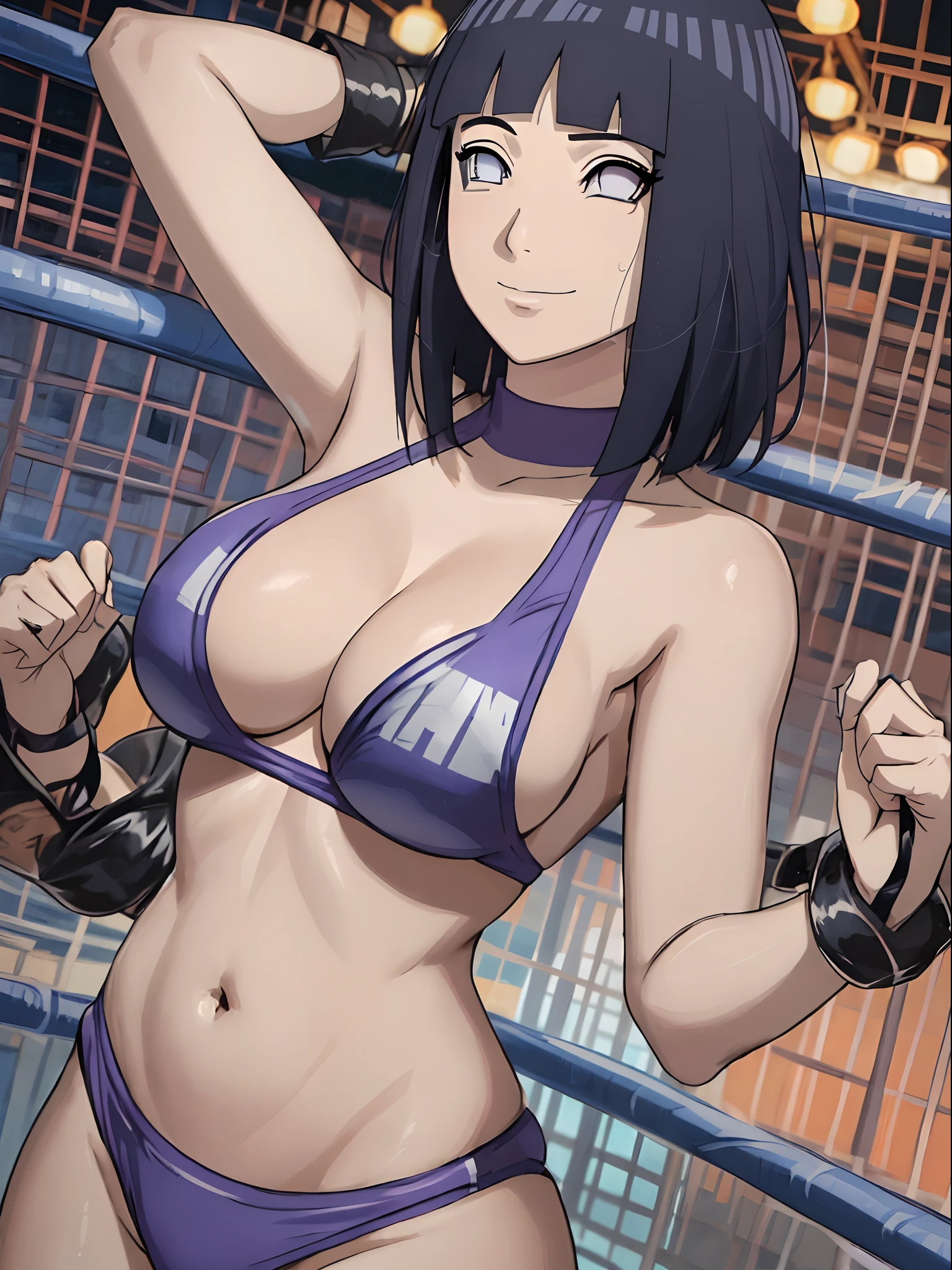 poster, anime style, hires ((wrestling ground)), (hinata\(boruto\), (female wrestler), (slender body, sweating, tired), mature woman, milf, (bikini, ultra detailed pro wrestling gear) victorious, gorgeous, winner, kind face, smile, closed mouth, (pale skin, shiny skin, lighting and shadow), (dark blue hair color:1.1), wavy hair, ((short hair, hime cut), big breasts, (only one arm stretching), long belly, closed fists, seductive, (perfect eyes, white sciera, bright eyes, white eyes, anime eyes, eyeshadow, looking at the viewer)