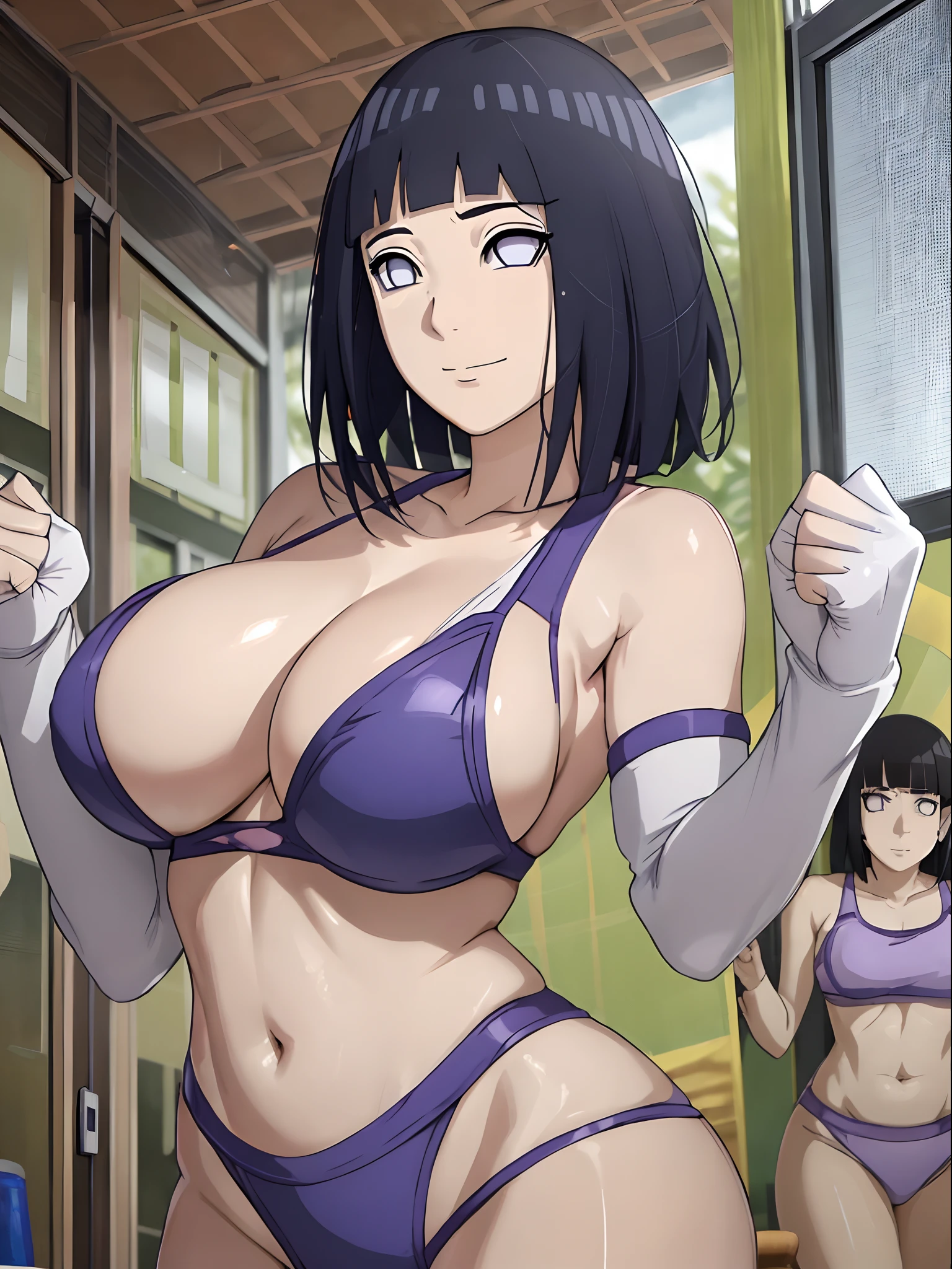 poster, anime style, hires ((wrestling ground)), (hinata\(boruto\), (female wrestler), (slender body, sweating, tired), mature woman, milf, (bikini, ultra detailed pro wrestling gear) victorious, gorgeous, winner, kind face, smile, closed mouth, (pale skin, shiny skin, lighting and shadow), (dark blue hair color:1.1), wavy hair, ((short hair, hime cut), big breasts, (only one arm stretching), long belly, closed fists, seductive, (perfect eyes, white sciera, bright eyes, white eyes, anime eyes, eyeshadow, looking at the viewer)