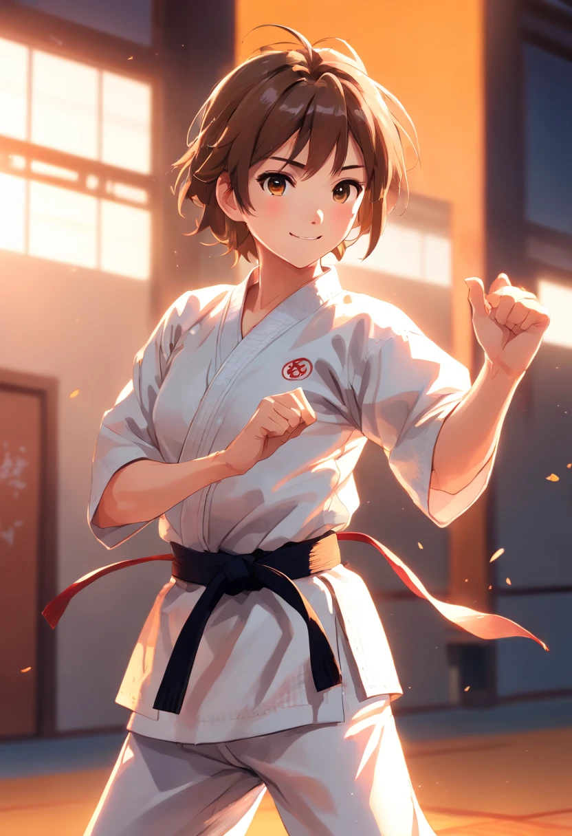 colorful animation stills, Honest portrayal, Whole body(masterpiece:1.3), (8K, hight resolution, a picture, Top image quality: 1.4), (1boy in), ligh brown hair, waved hair, attractive beautiful face, (A smile: 1.15), 17 age, Whole body, bare-legged(White Karate Uniform:1.4), Attractive body with soft curvaceous beauty, Bold sexy poses, perfect anatomia, TOKYOcty