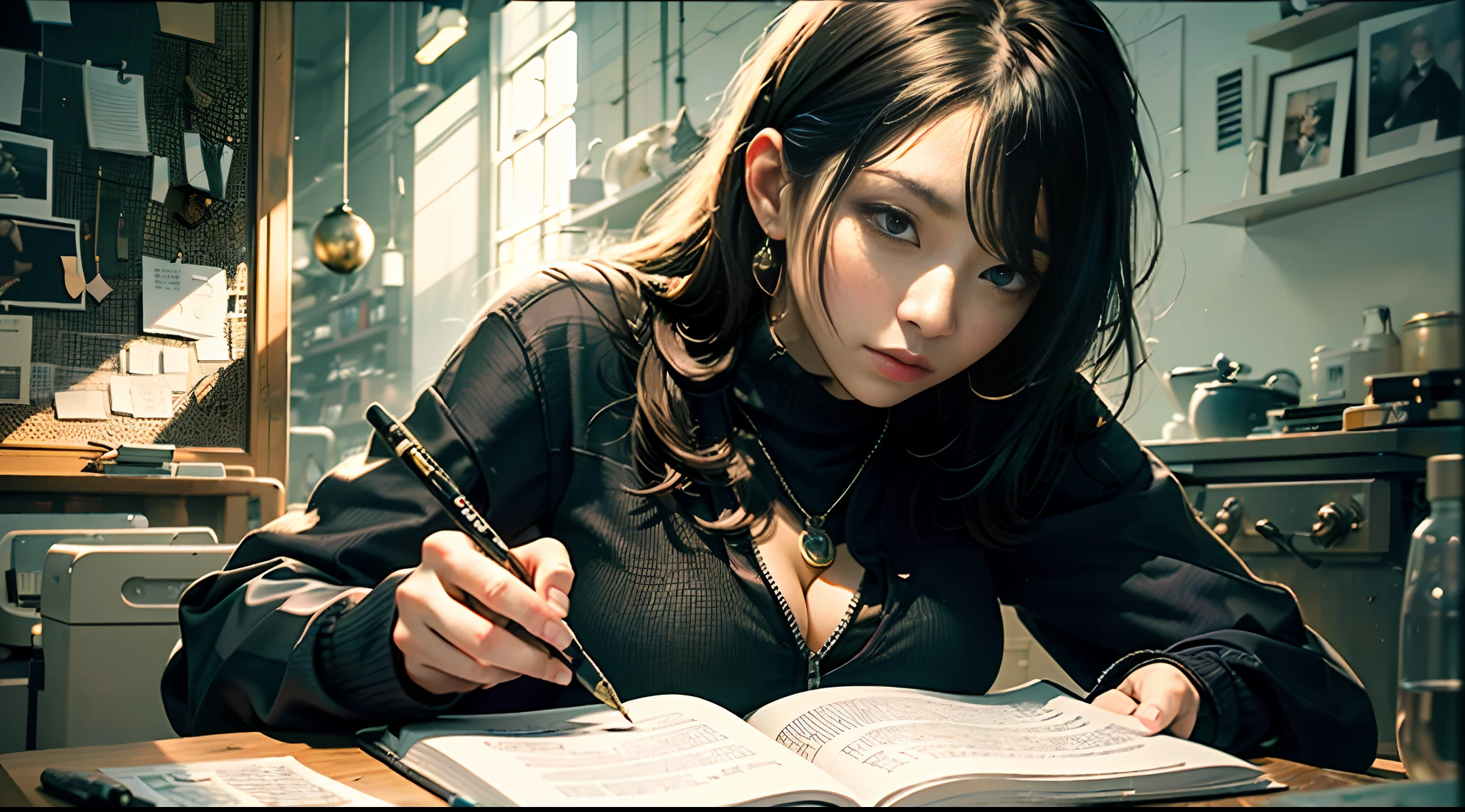 ((Masterpiece,Best quality))1womanl,Third perspective,黑The eye,lounge suit,Bedrooms,Write homework,mid afternoon,Warm light