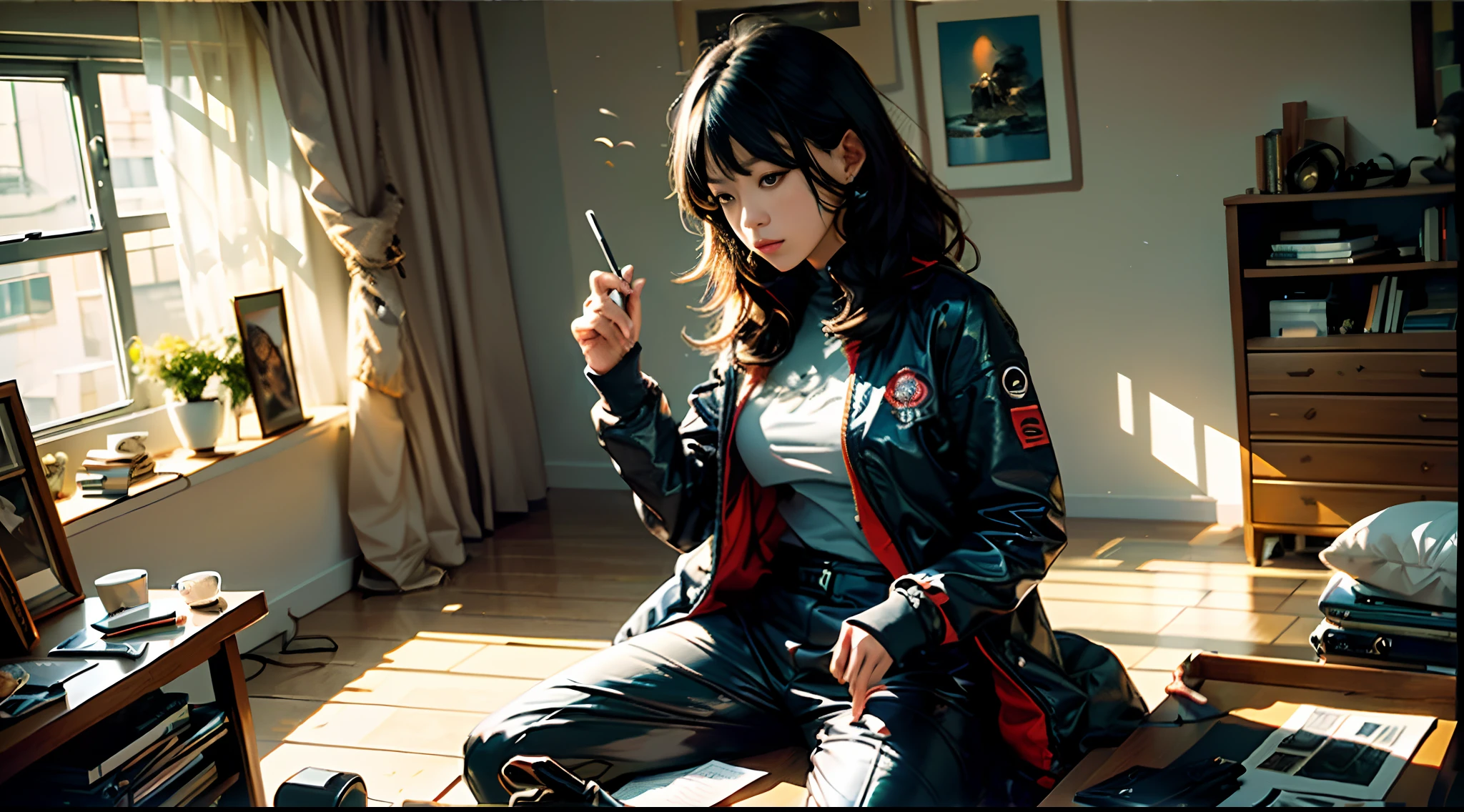 ((Masterpiece,Best quality))1womanl,Third perspective,黑The eye,lounge suit,Bedrooms,Write homework,mid afternoon,Warm light