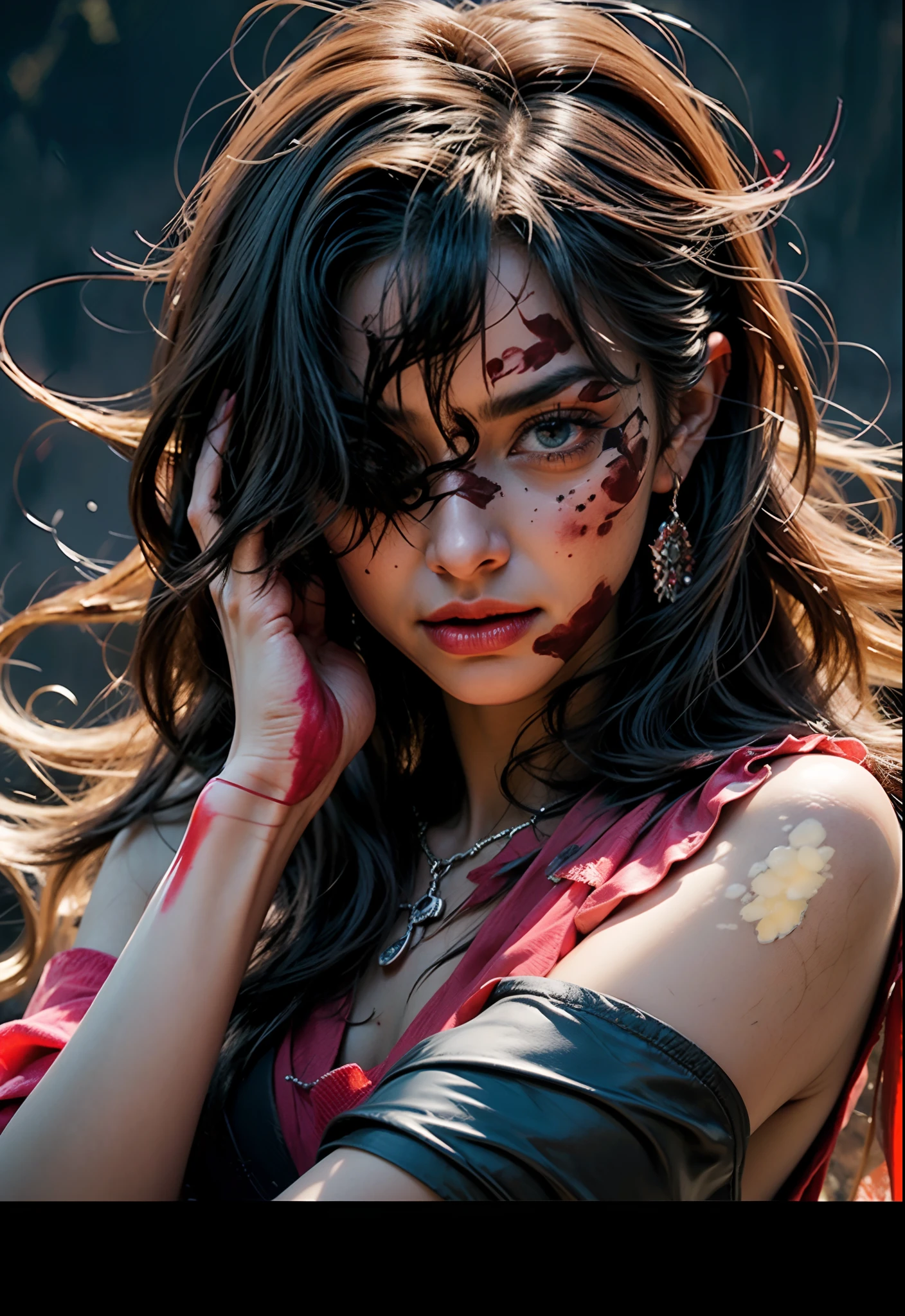 a cute girl, (epic portrait:0.85), flowing hair, sweaty skin, night, [[soft cinematic light, adobe lightroom, photolab, hdr, intricate, highly detailed, ]], ((by brian m viveros)), (depth of field), epic realistic, (bloodpunk:1.2)