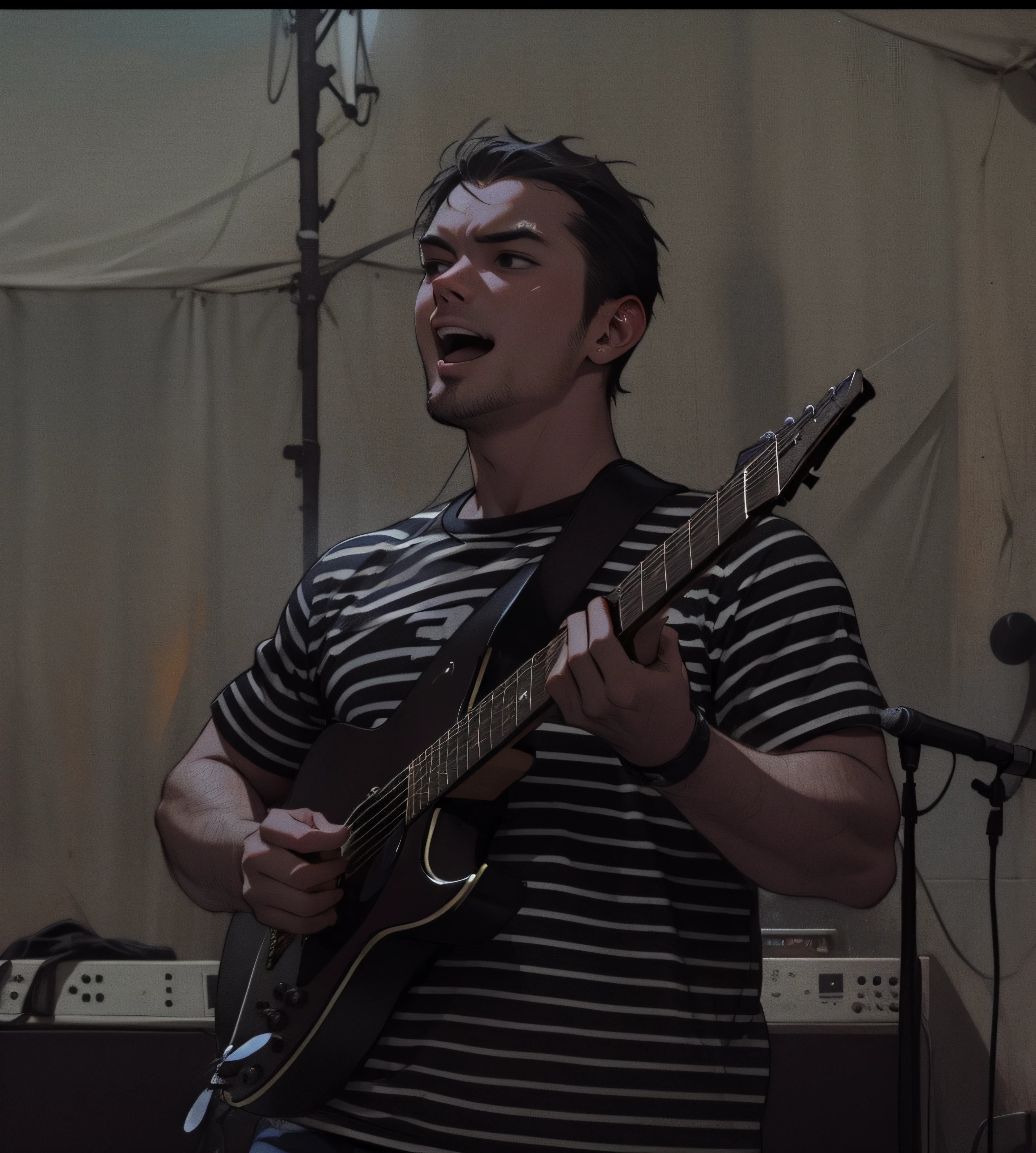 rabbit man playing the guitar, rockstar, crowd cheering, lights, concert, band, having fun