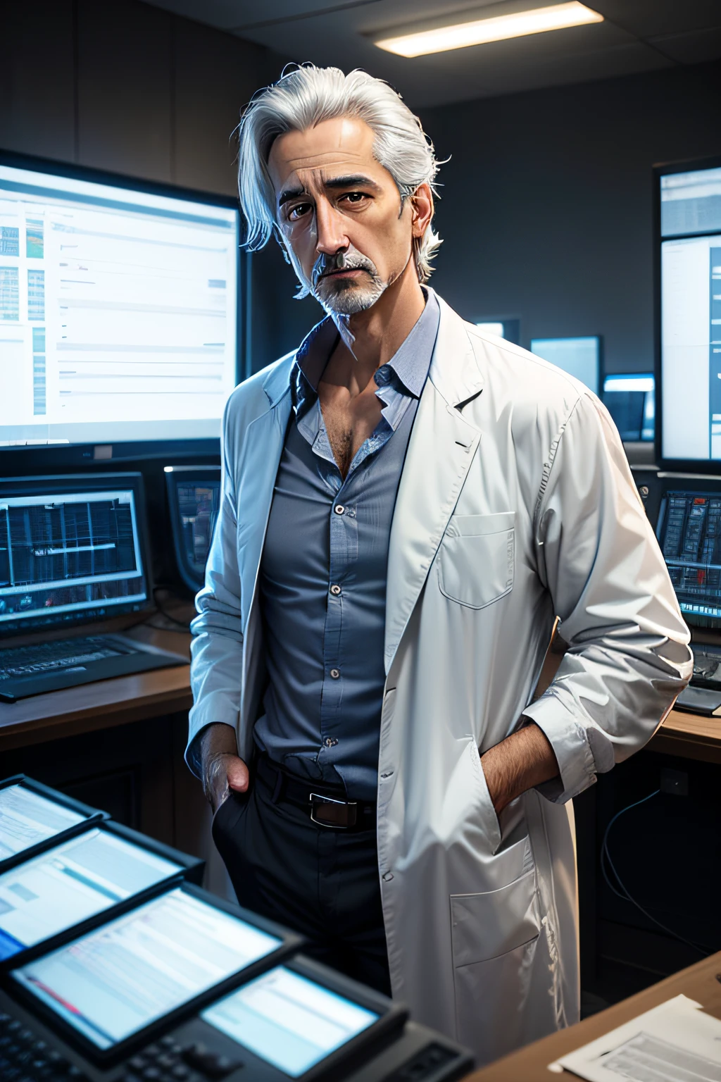 David Strathairn, stocky, unkempt grey hair, blue eyes, half smile, wearing plain white labcoat, plaid shirt unbuttoned halfway, body below neck is indistinct and blurred, ghostlike, translucent, control room with monitors