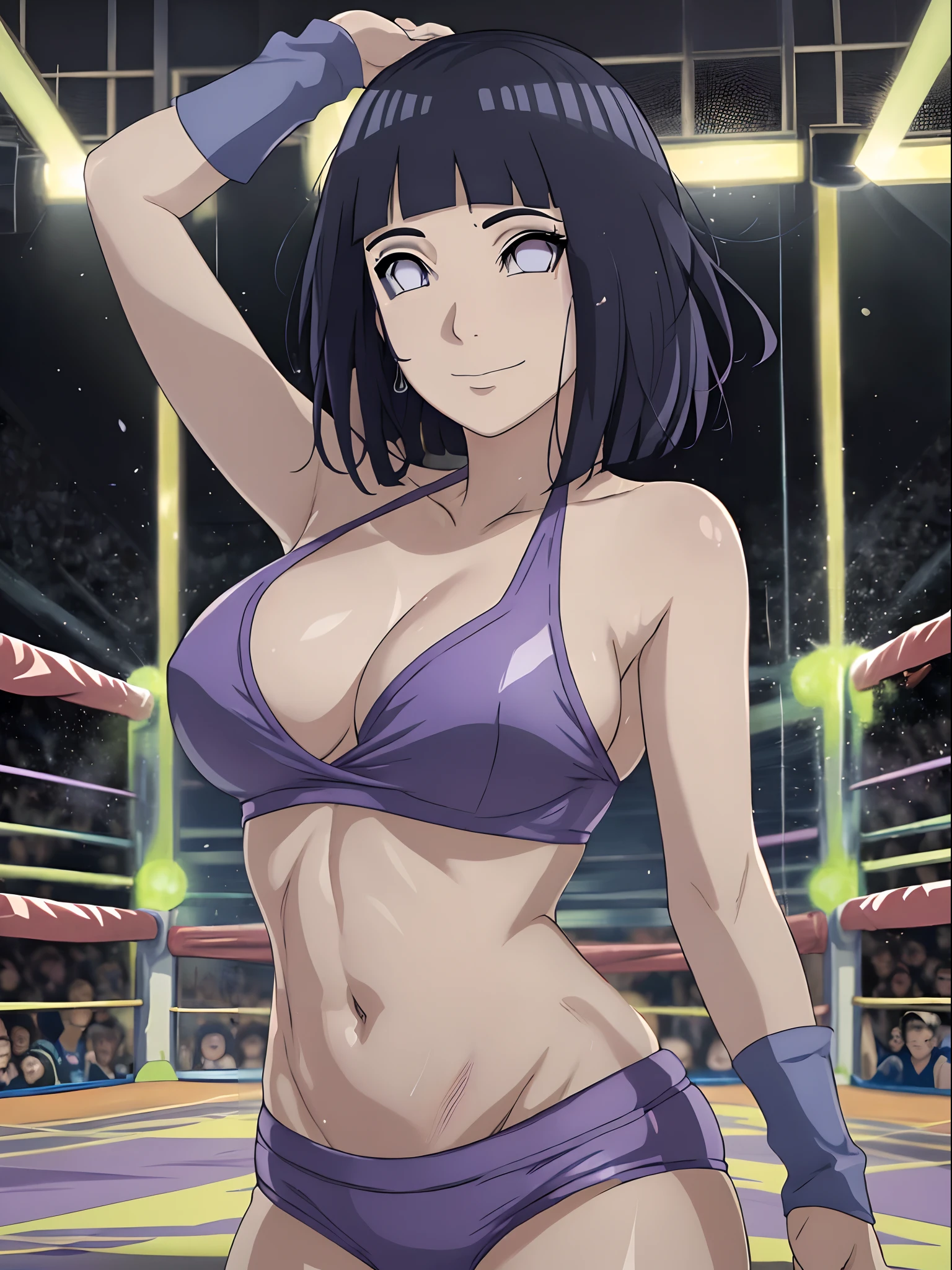 poster, anime style, hires ((wrestling ground)), (hinata\(boruto\), (female wrestler), (slender body, sweating, tired), mature woman, milf, (bikini, ultra detailed pro wrestling gear) victorious, gorgeous, winner, kind face, smile, closed mouth, (pale skin, shiny skin, lighting and shadow), (dark blue hair color:1.1), wavy hair, ((short hair, hime cut), big breasts, (only one arm stretching), long belly, closed fists, seductive, (perfect eyes, white sciera, bright eyes, white eyes, anime eyes, eyeshadow, looking at the viewer)